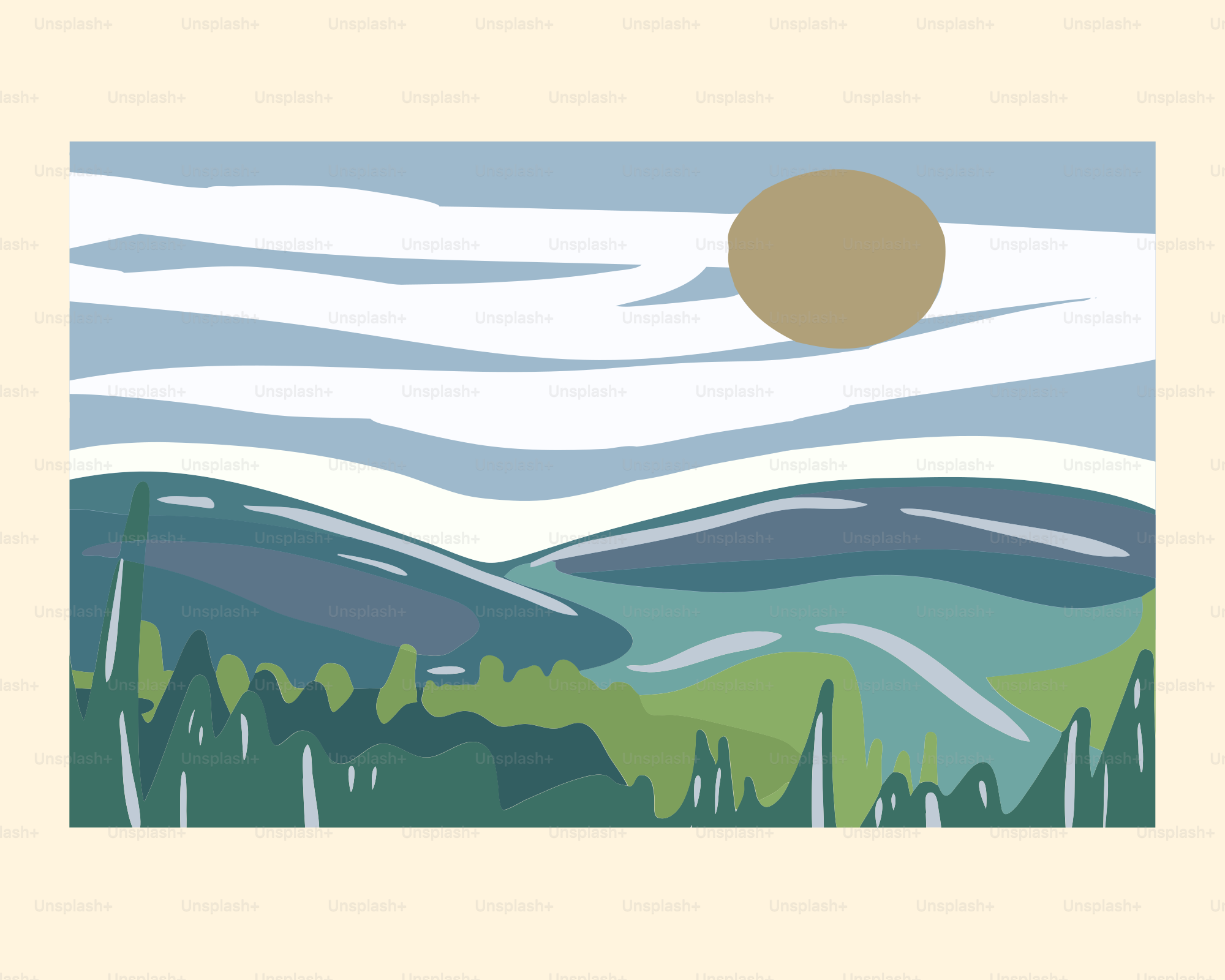 Una imagen de un paisaje con montañas y un sol