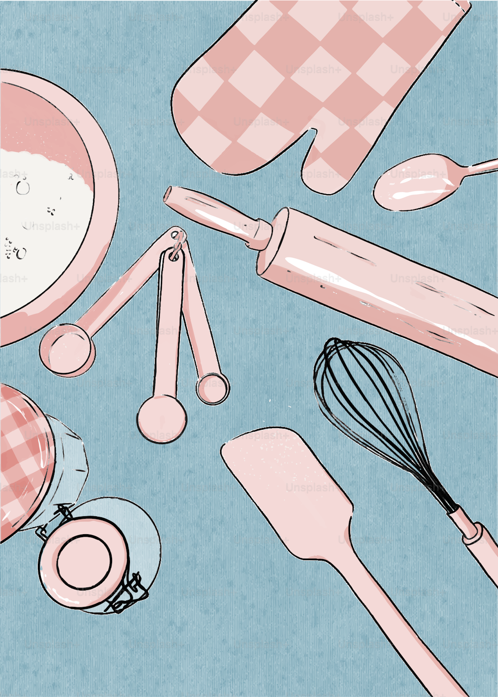 um desenho de utensílios de cozinha e outros itens de cozinha