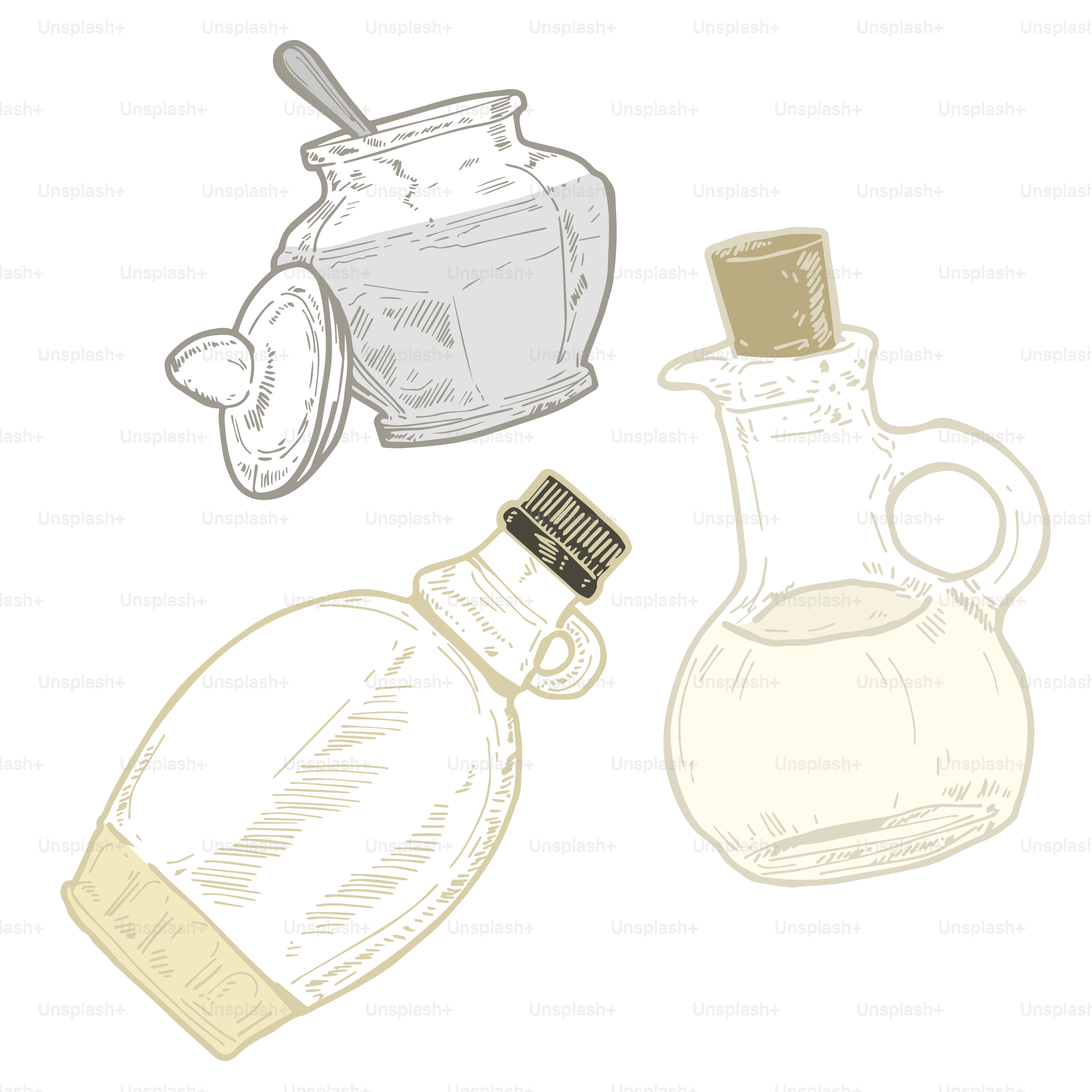 Una botella de líquido y un tarro de miel