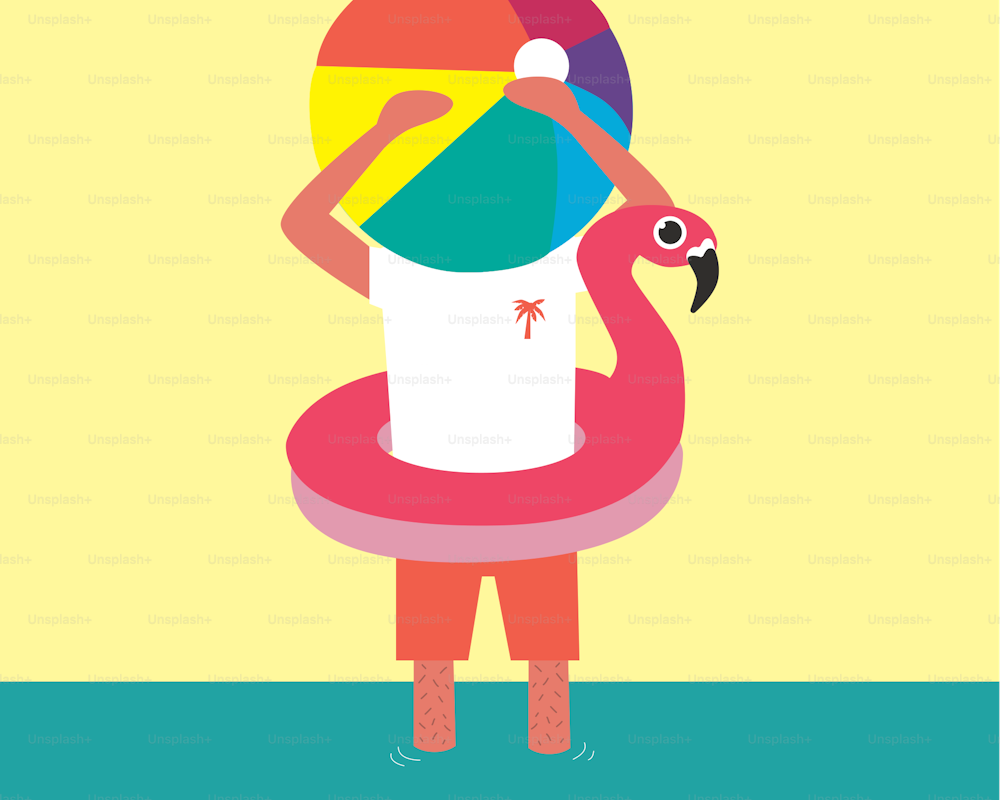 eine Person, die einen Wasserball und einen Flamingo in einem aufblasbaren Pool hält