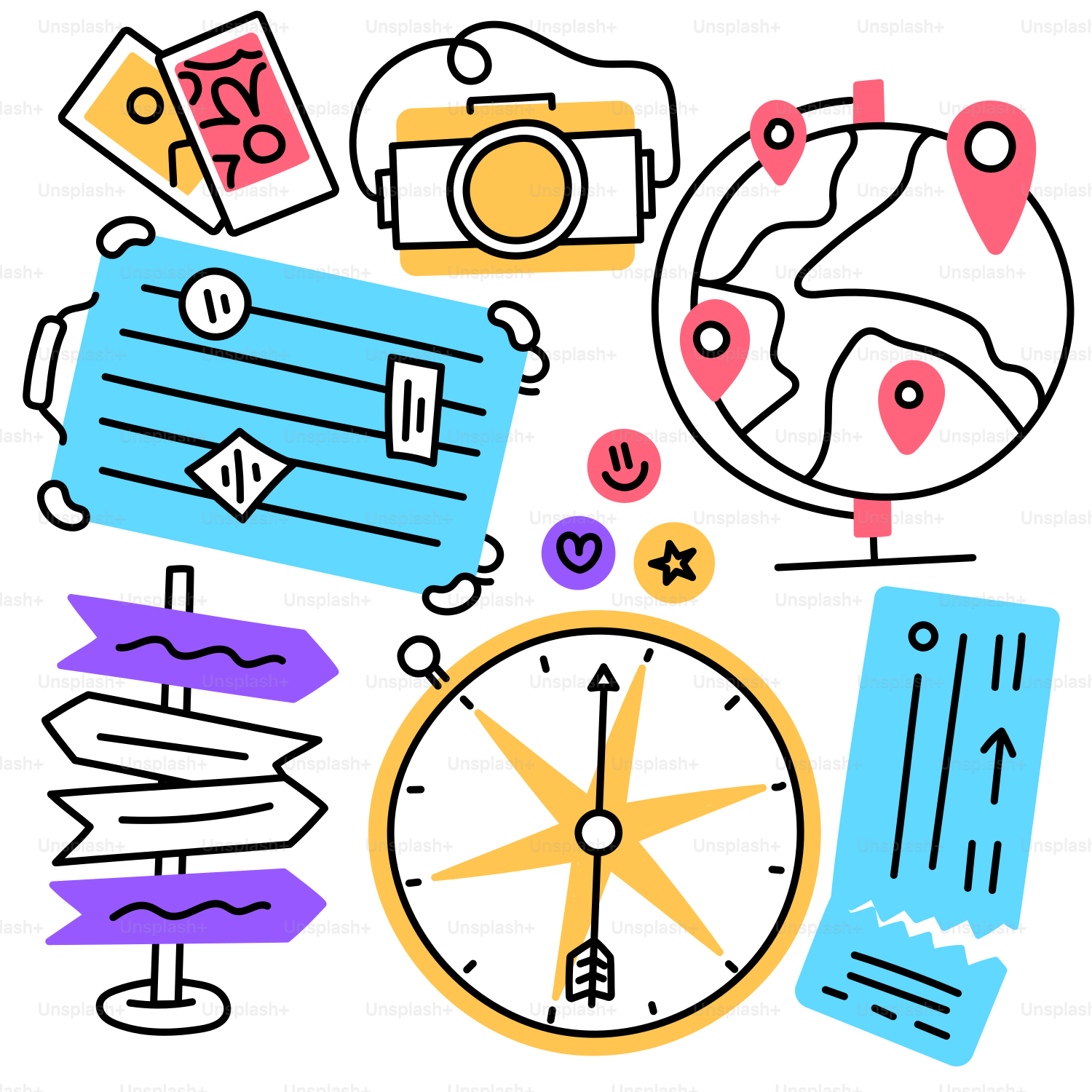 un disegno di una mappa, una bussola, una macchina fotografica, una mappa, e