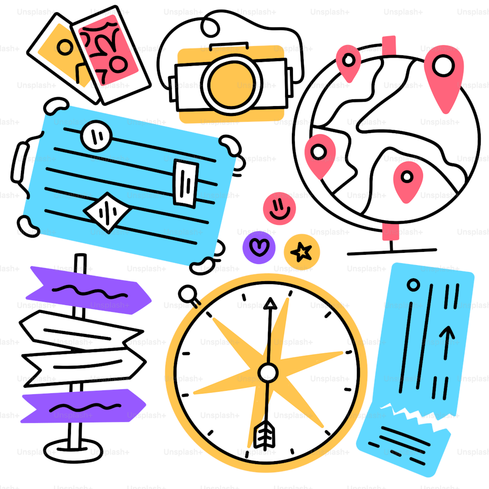 a drawing of a map, a compass, a camera, a map, and