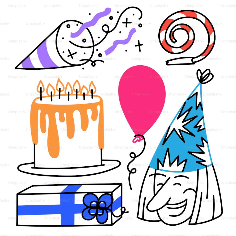 un disegno di una torta di compleanno con candeline e un palloncino