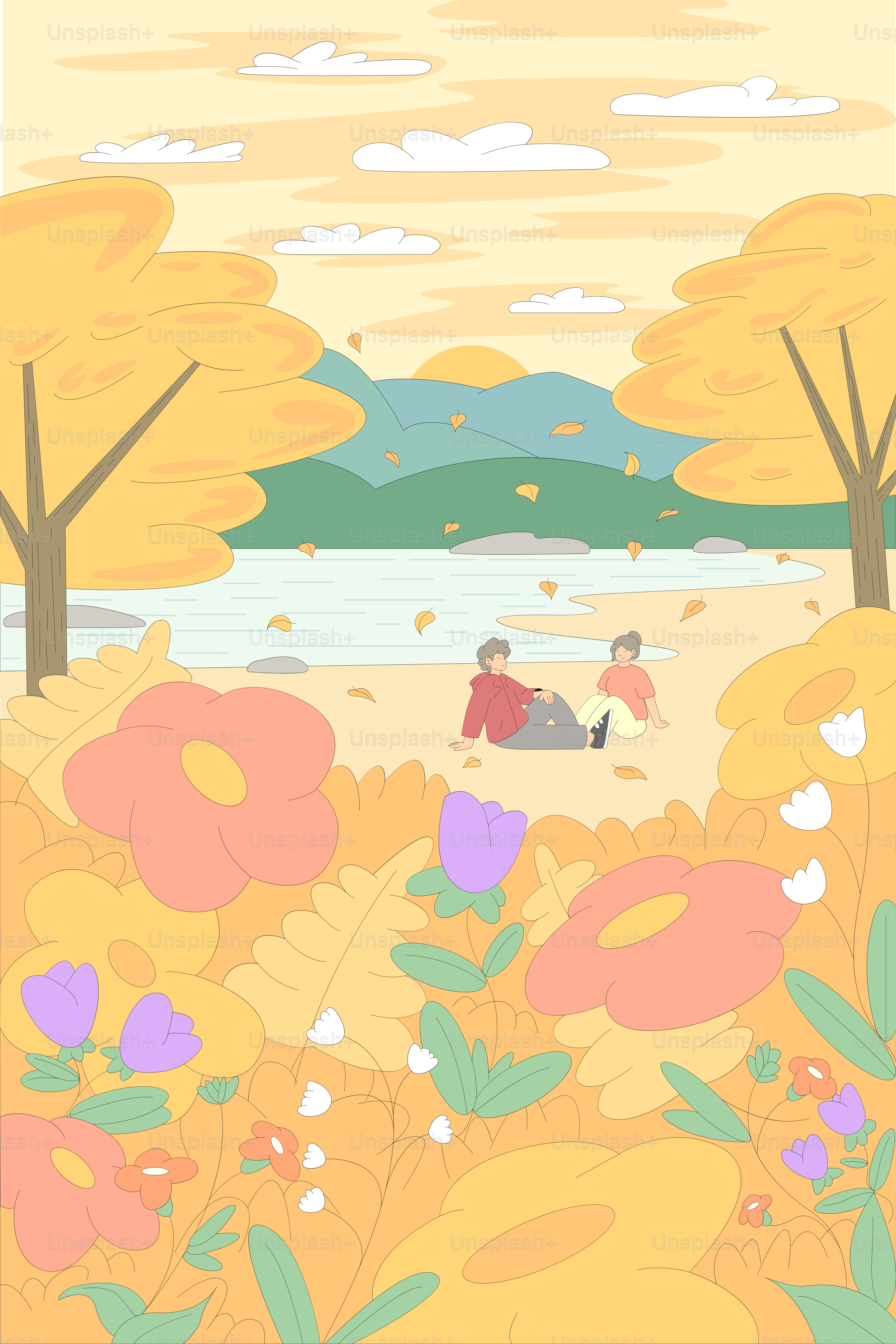 a couple of people sitting on top of a lush green field