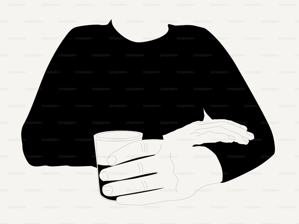 a black and white drawing of a person holding a cup