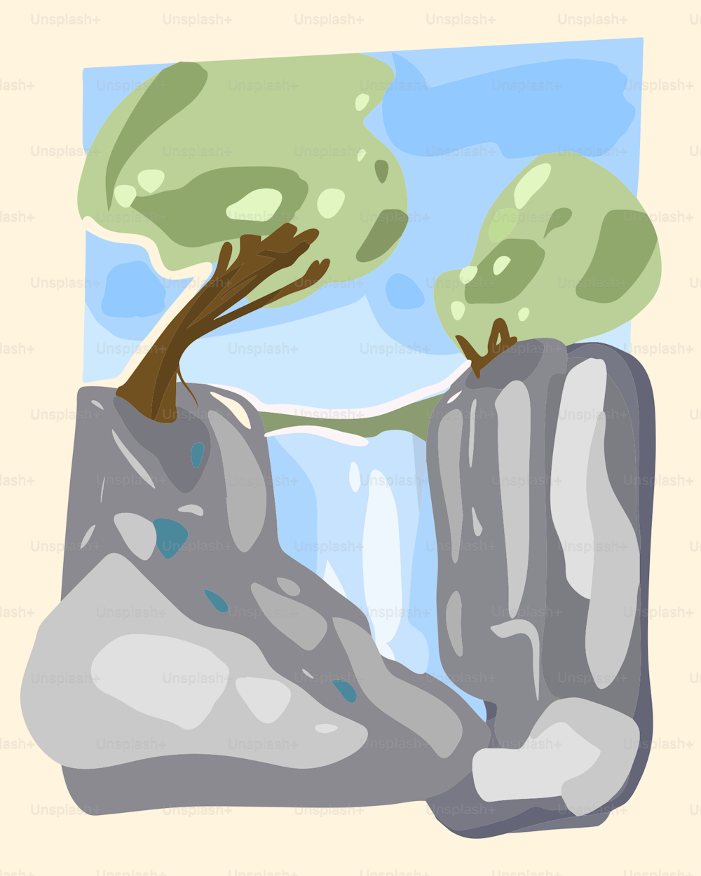 a painting of a tree on a rocky cliff