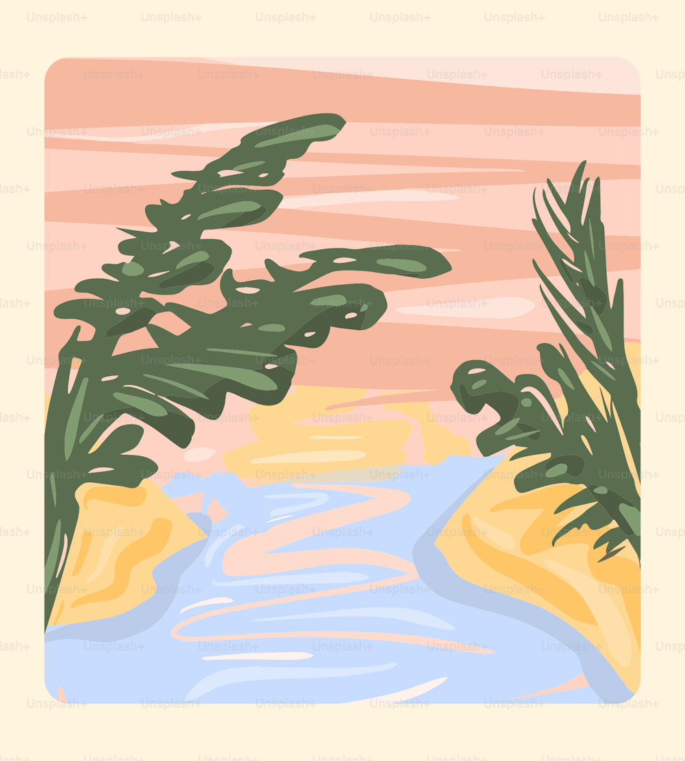 a painting of a river and a palm tree