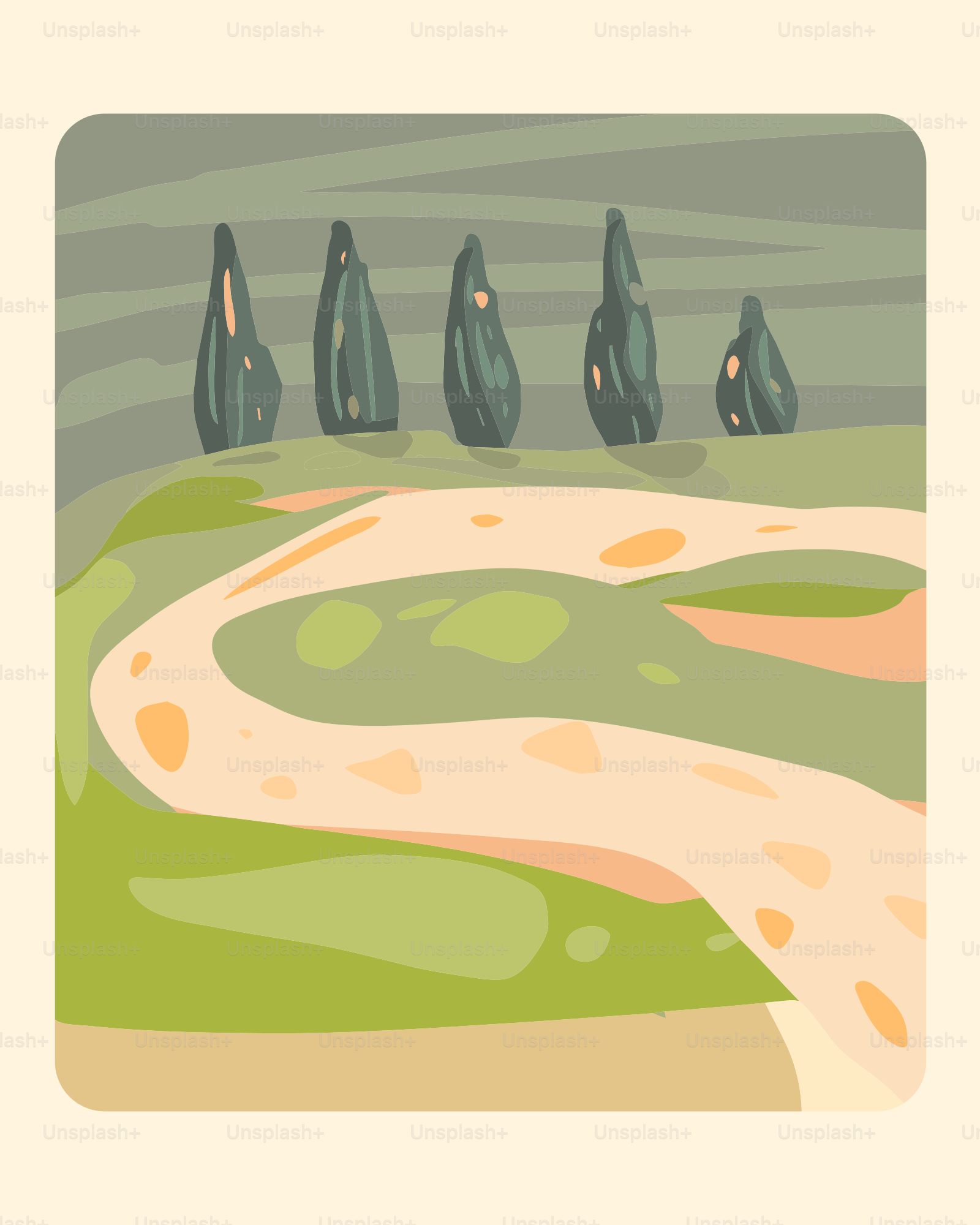 a painting of a path leading to a group of trees