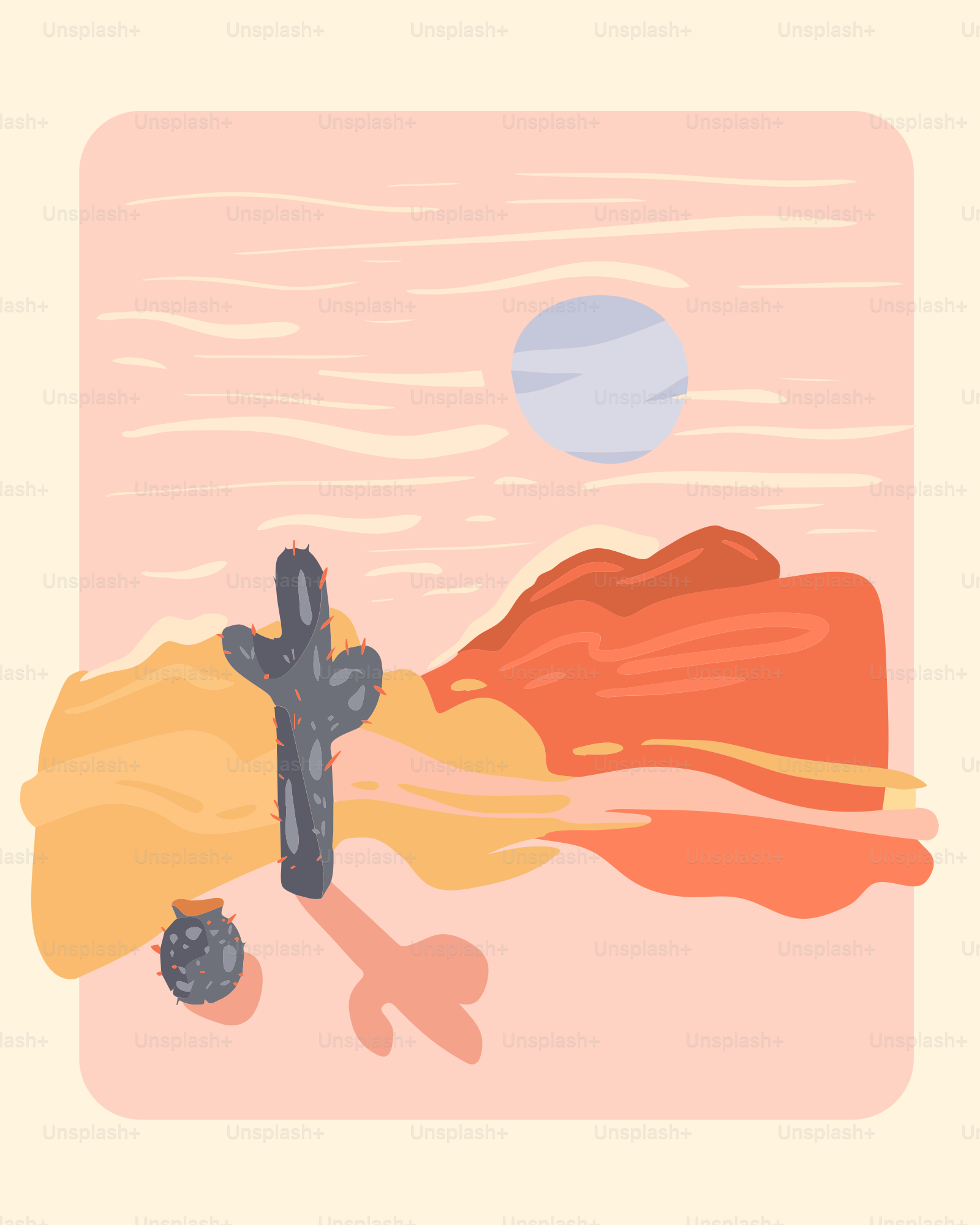 a desert scene with a cactus and a vase