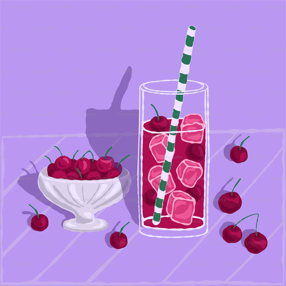 a painting of a glass of cherries and a bowl of cherries