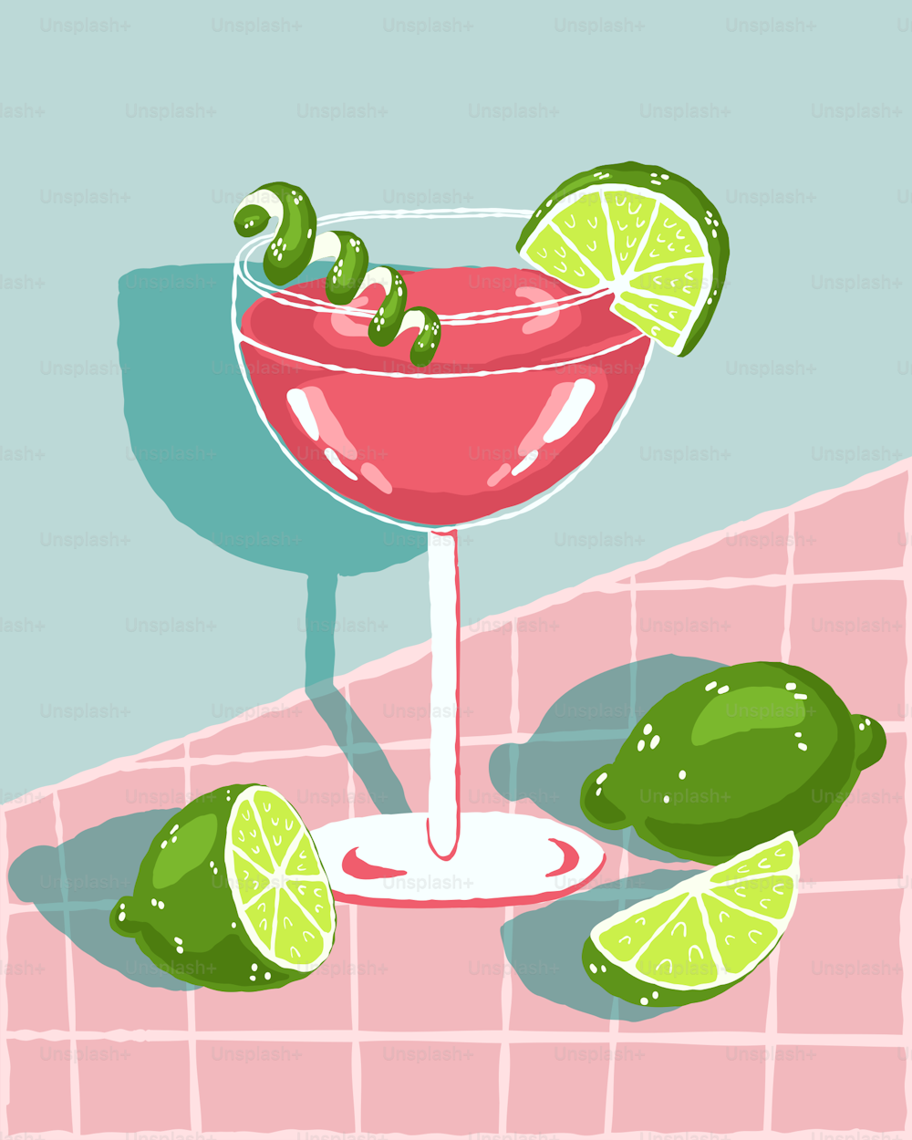 a pink cocktail with limes and a slice of lime