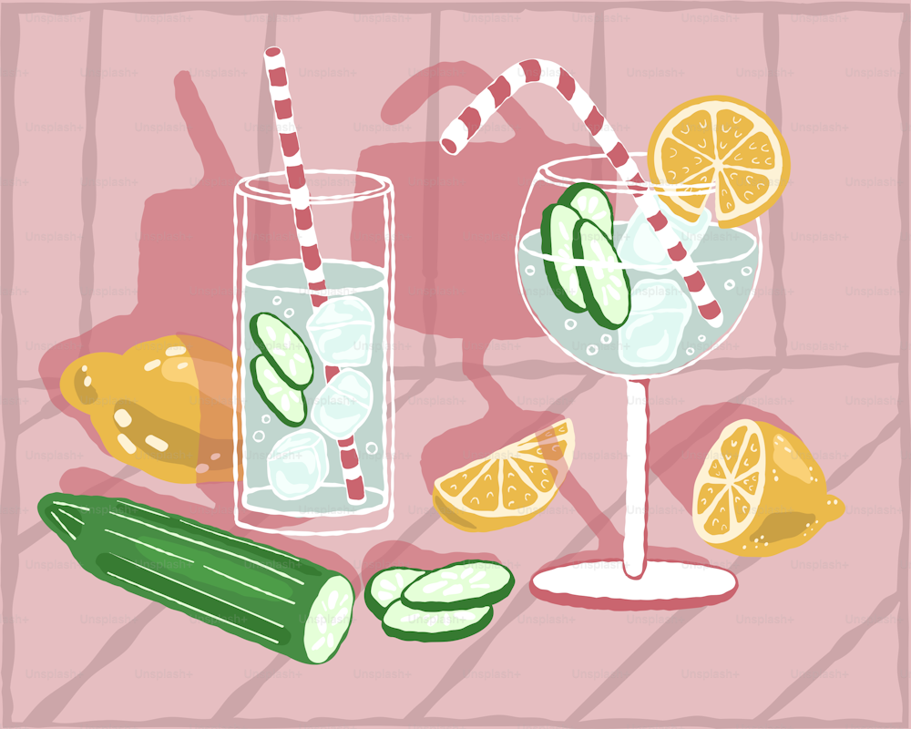 a drawing of two glasses of water with lemons, cucumbers, and