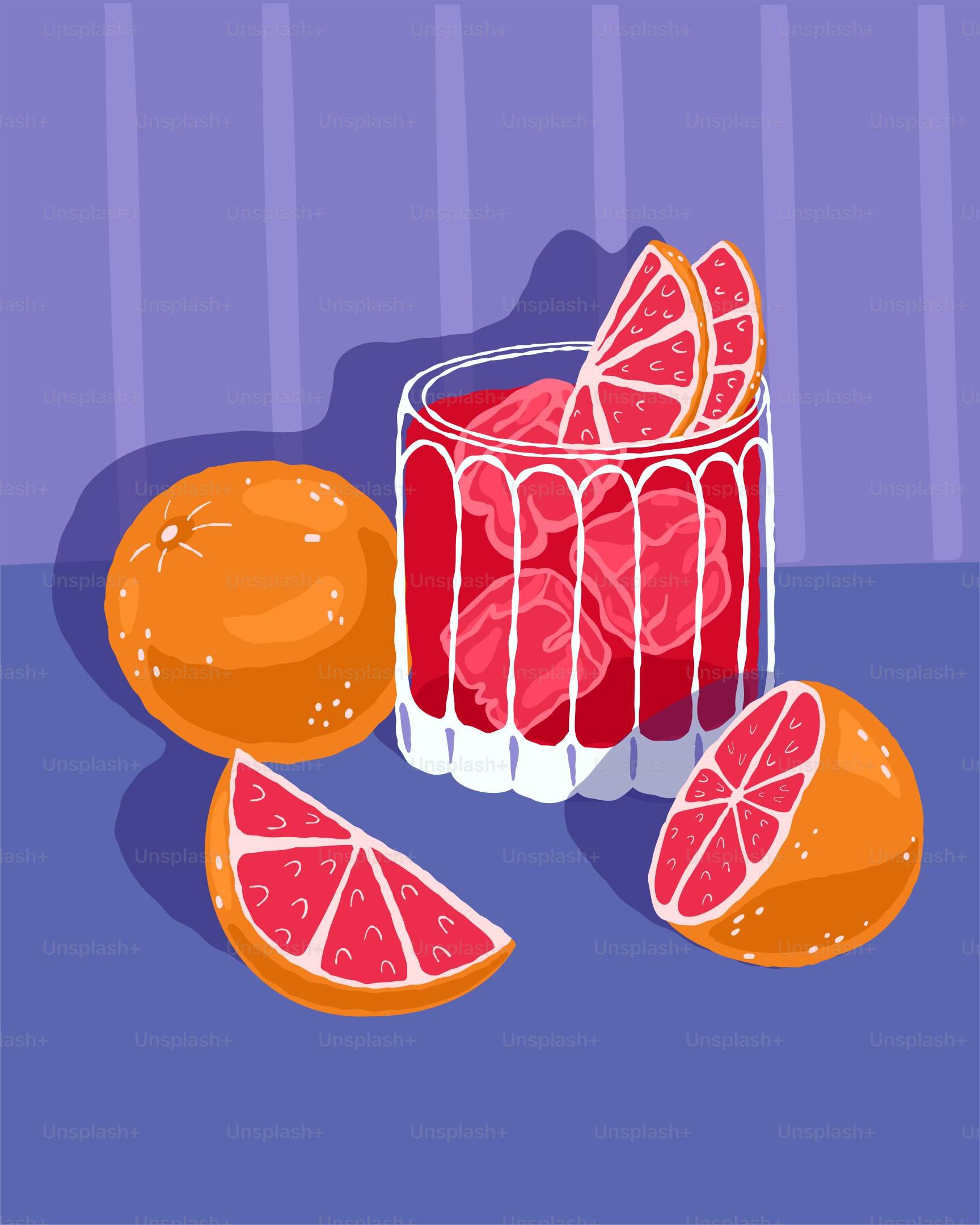 a glass of blood orange juice next to sliced blood oranges