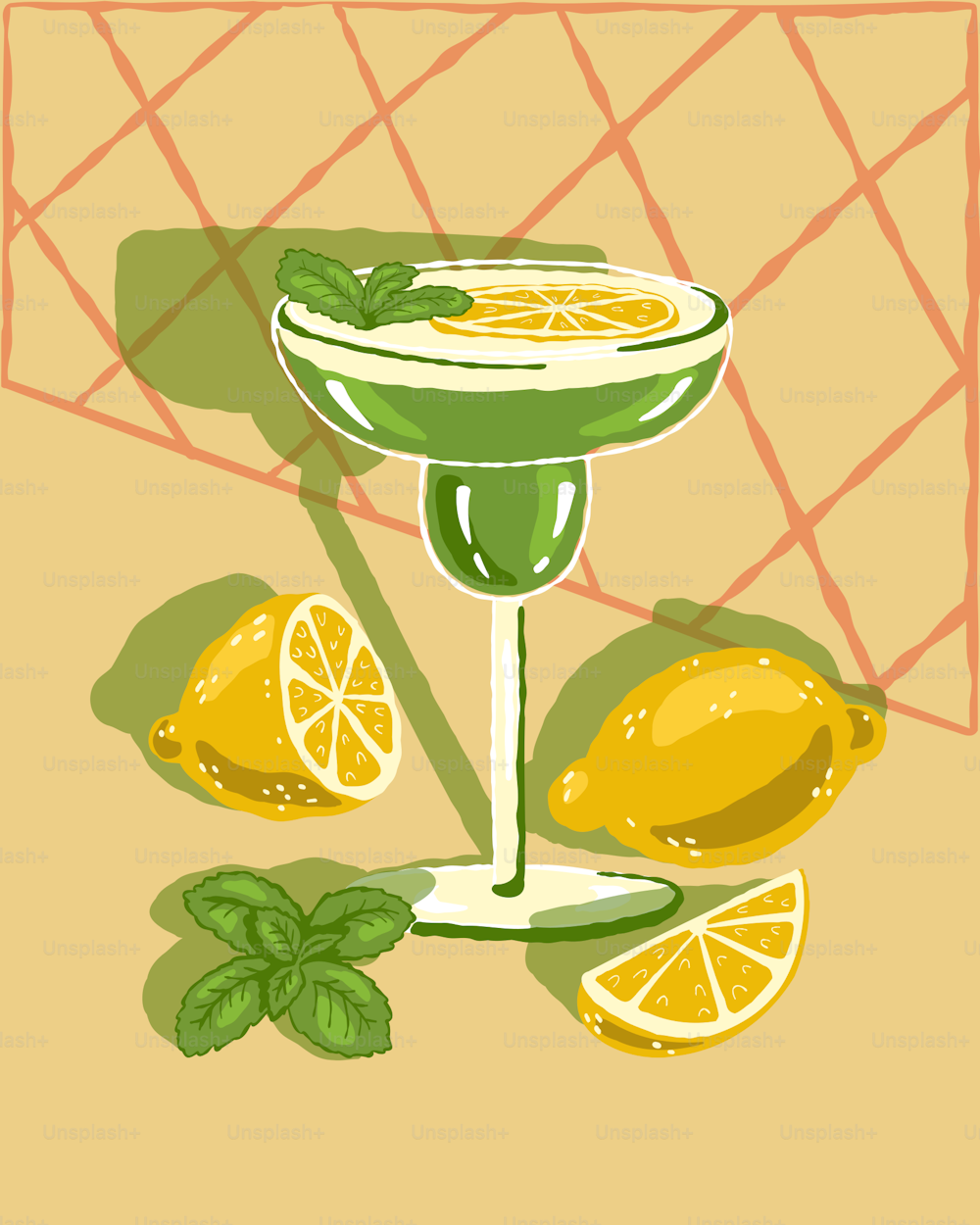 a drawing of a cocktail with lemons and mint