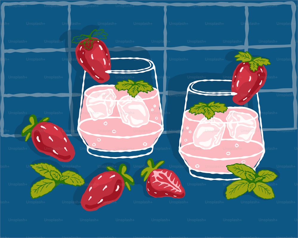 a couple of glasses filled with ice and strawberries