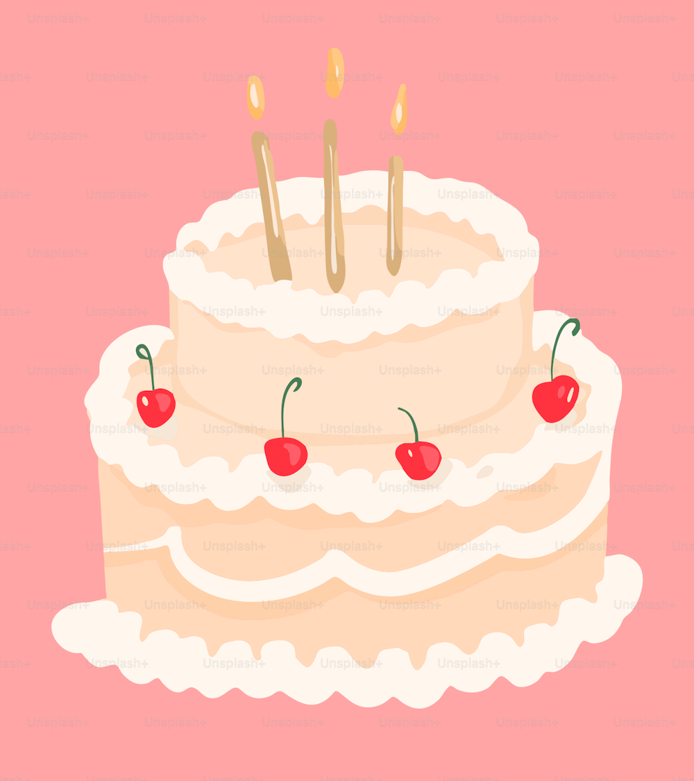 Una torta a tre strati con ciliegie e candeline