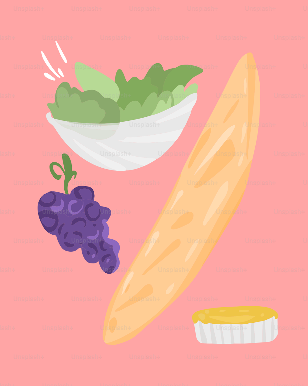 a bowl of grapes, a banana, and a piece of bread on a pink