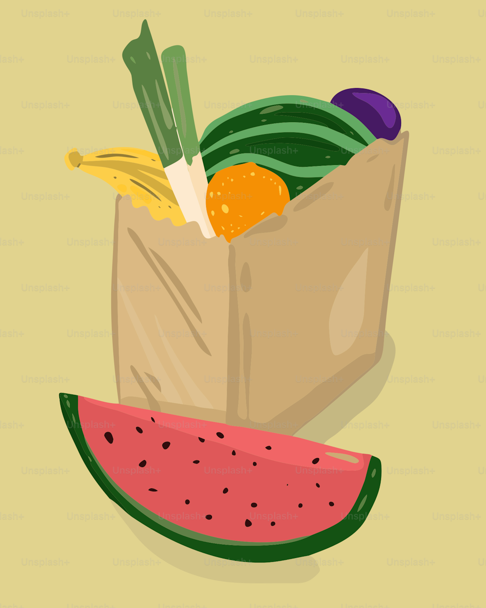 una bolsa de papel llena de frutas y verduras