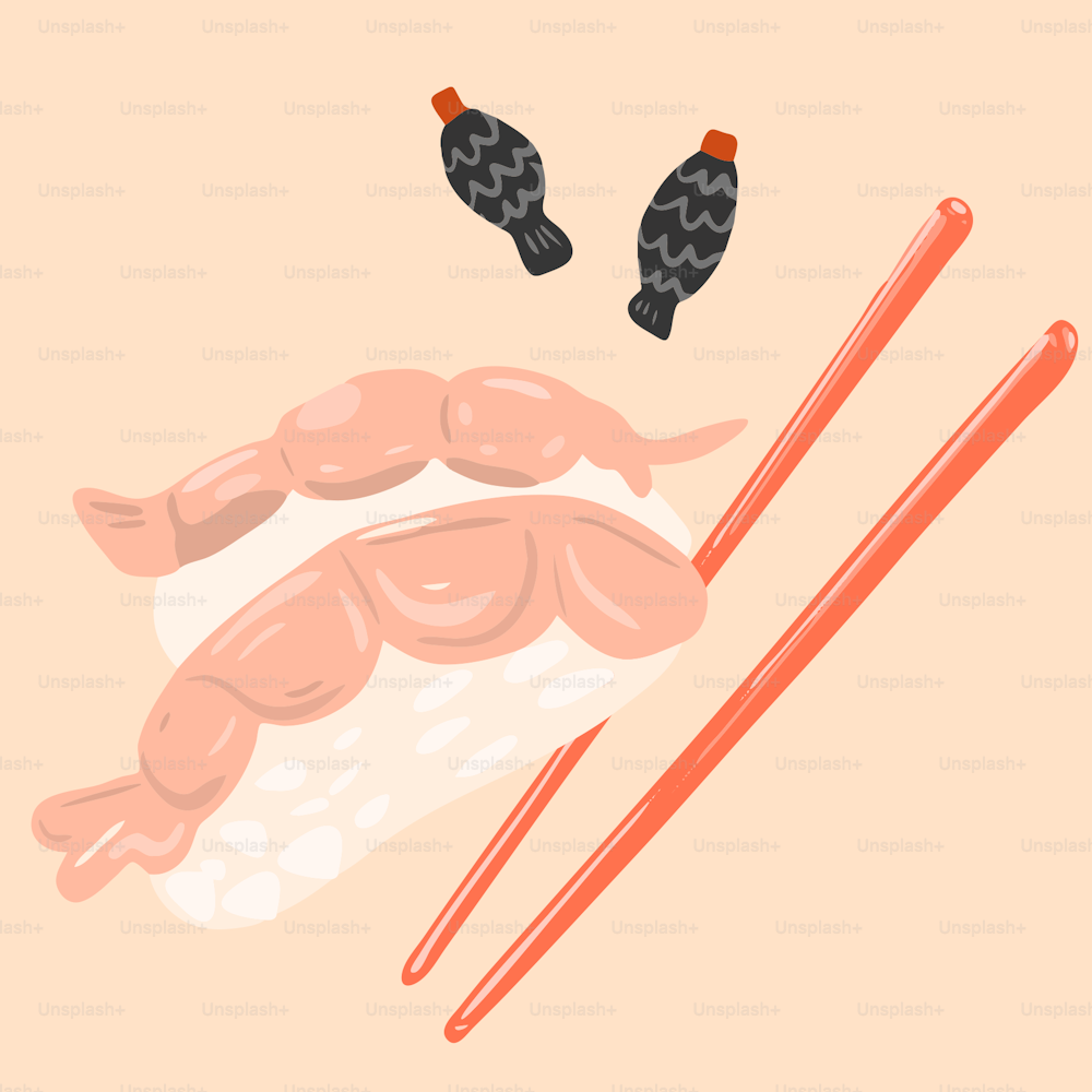 a picture of a sushi with chopsticks and a fish