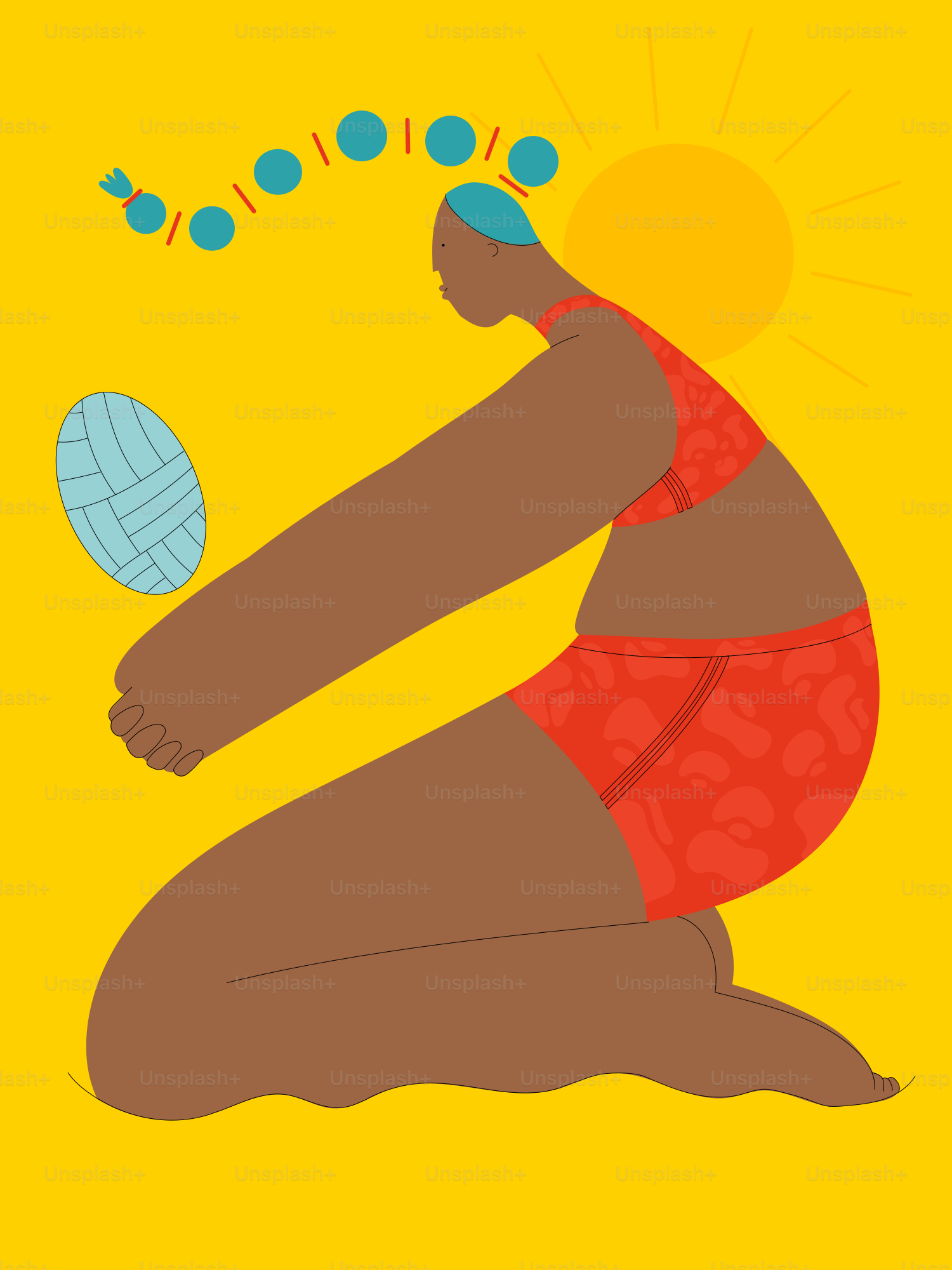 una donna seduta a terra con una palla in mano