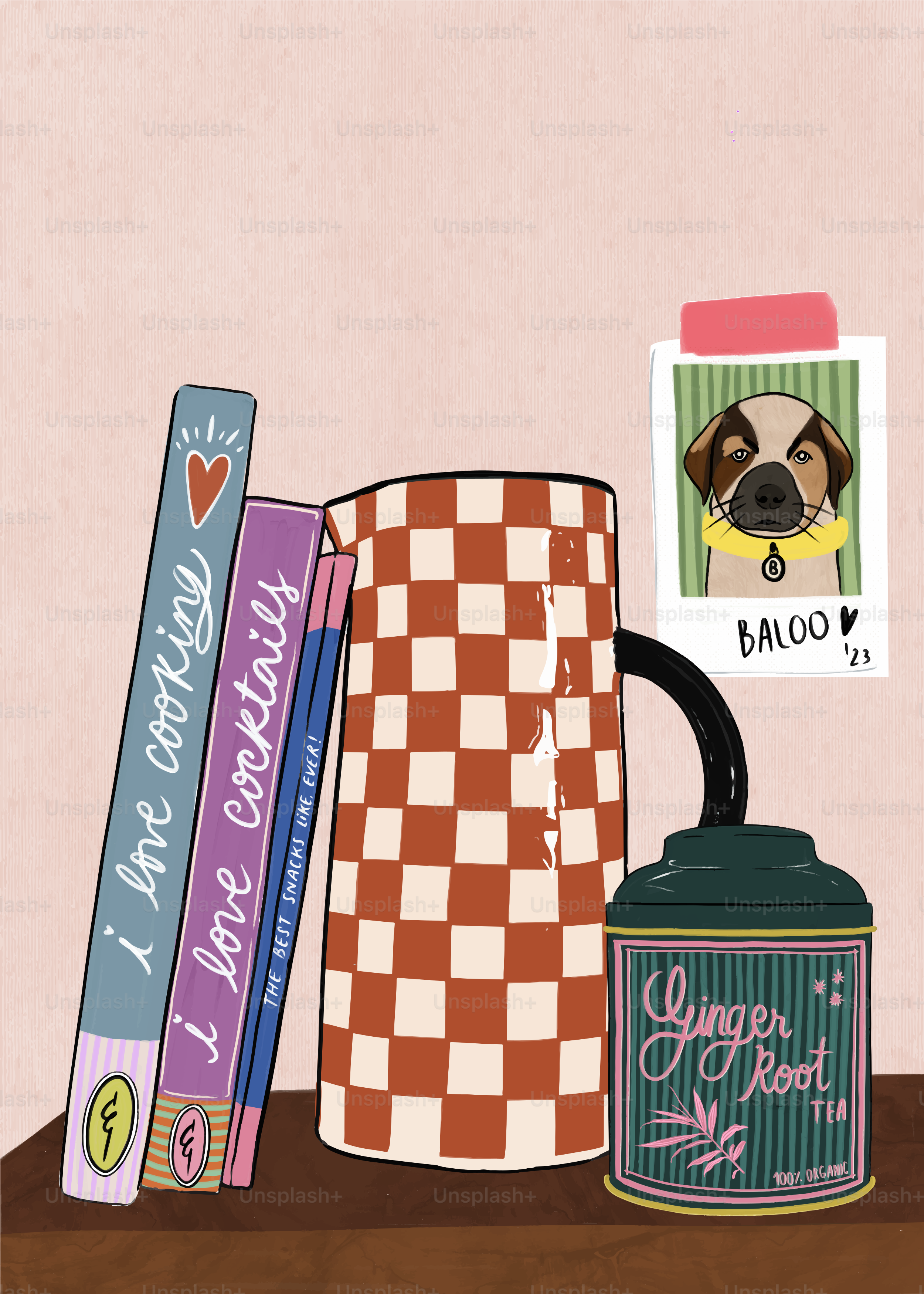 Ein Hund sitzt in einer Kaffeetasse neben einem Stapel Bücher