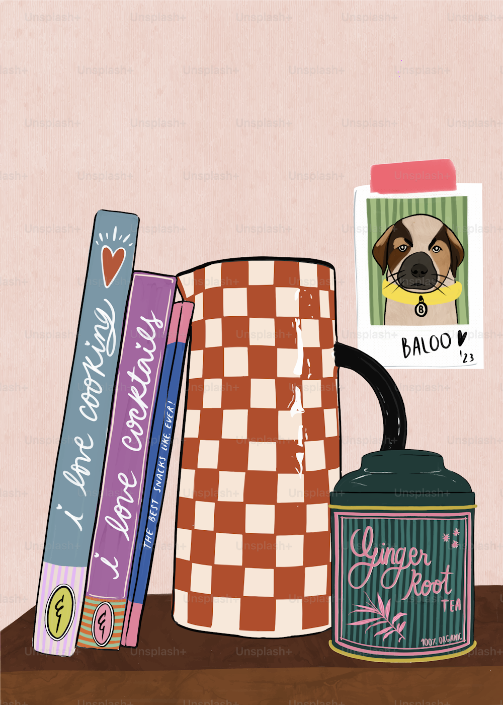 a dog is sitting in a coffee cup next to a stack of books