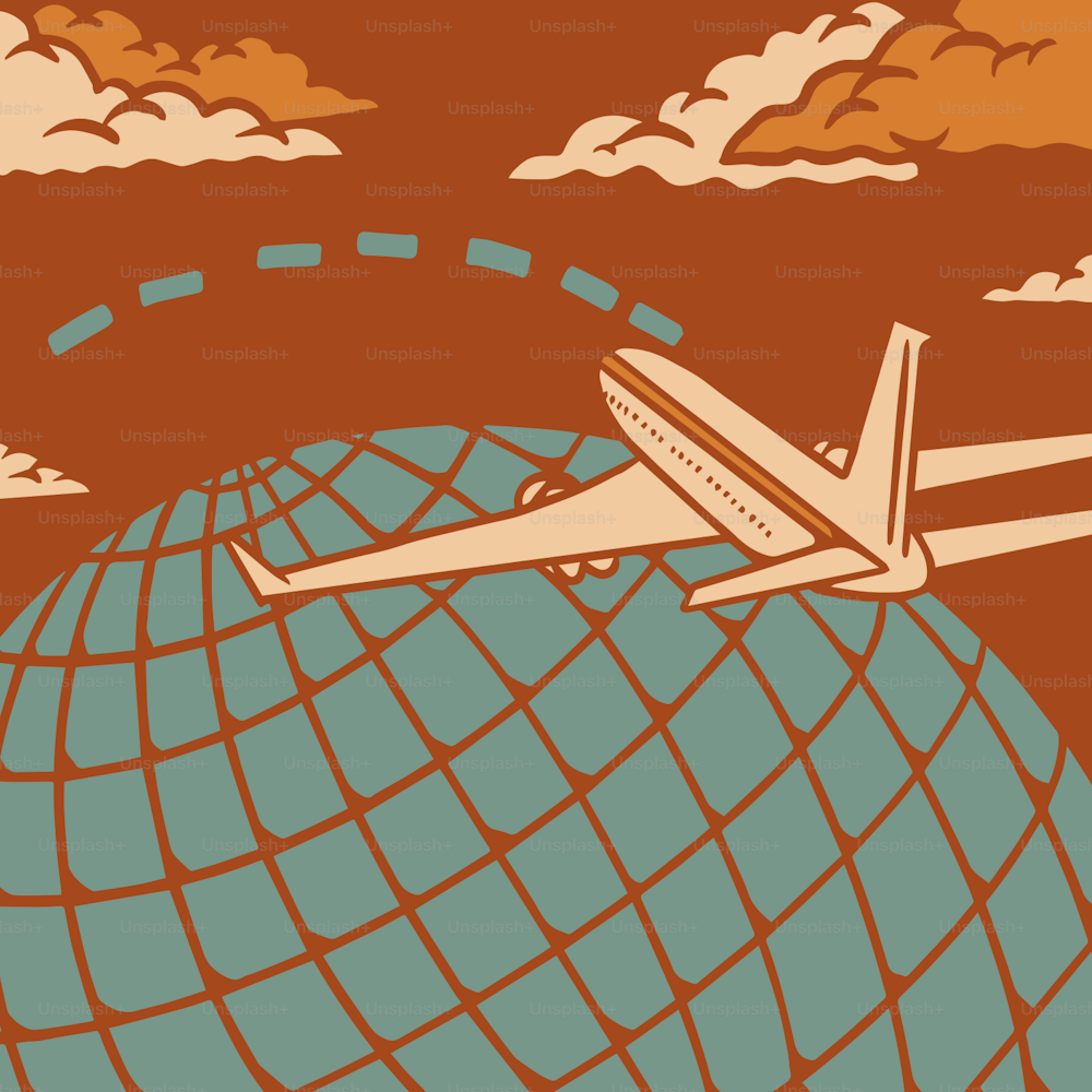 a drawing of a plane flying over a globe