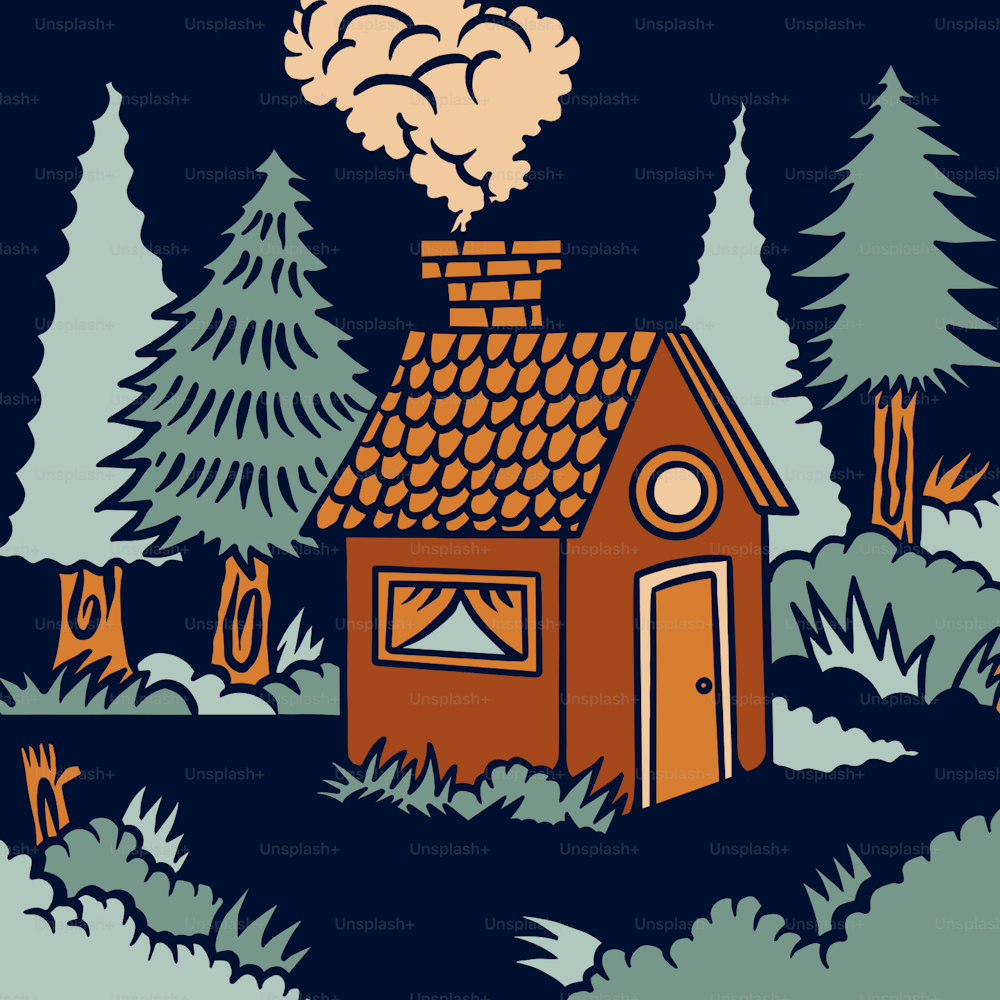 Un dibujo de una casa en el bosque