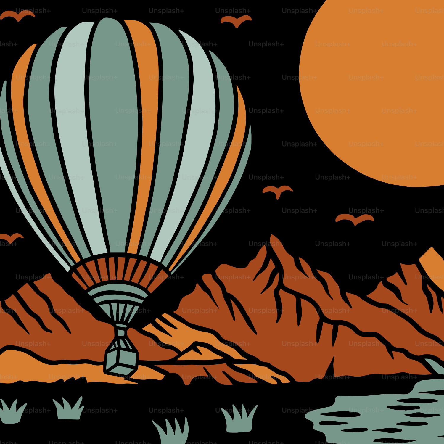 a hot air balloon flying over a mountain range