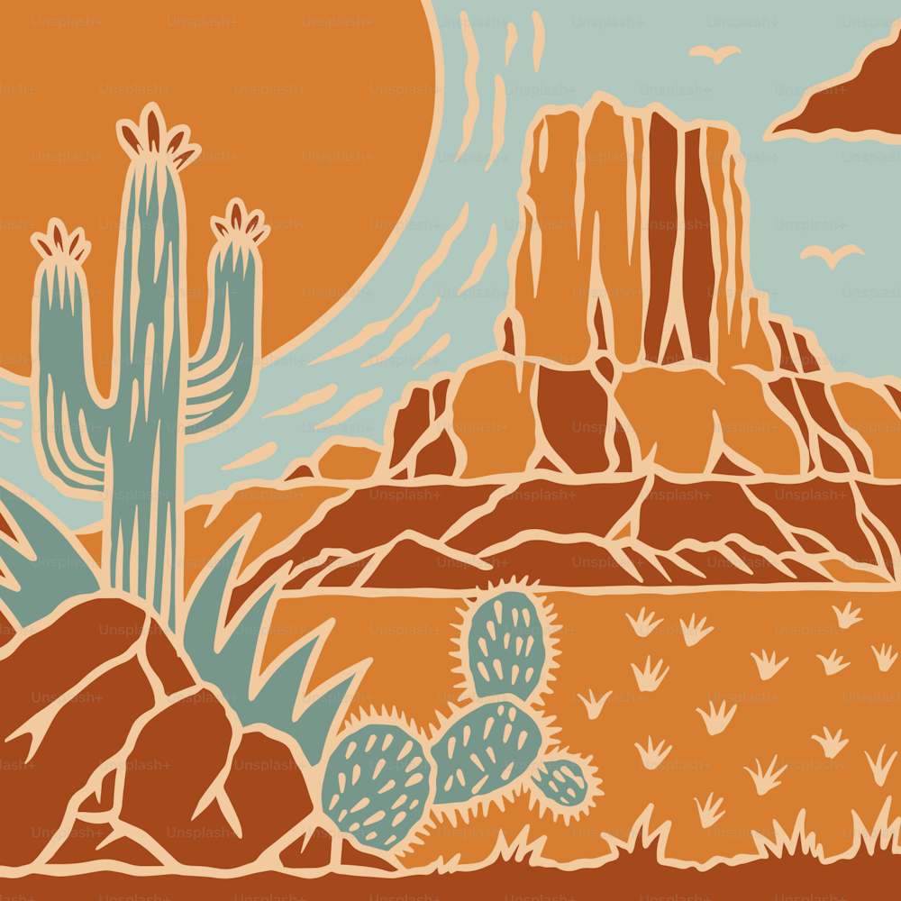 a desert scene with a cactus and mountains