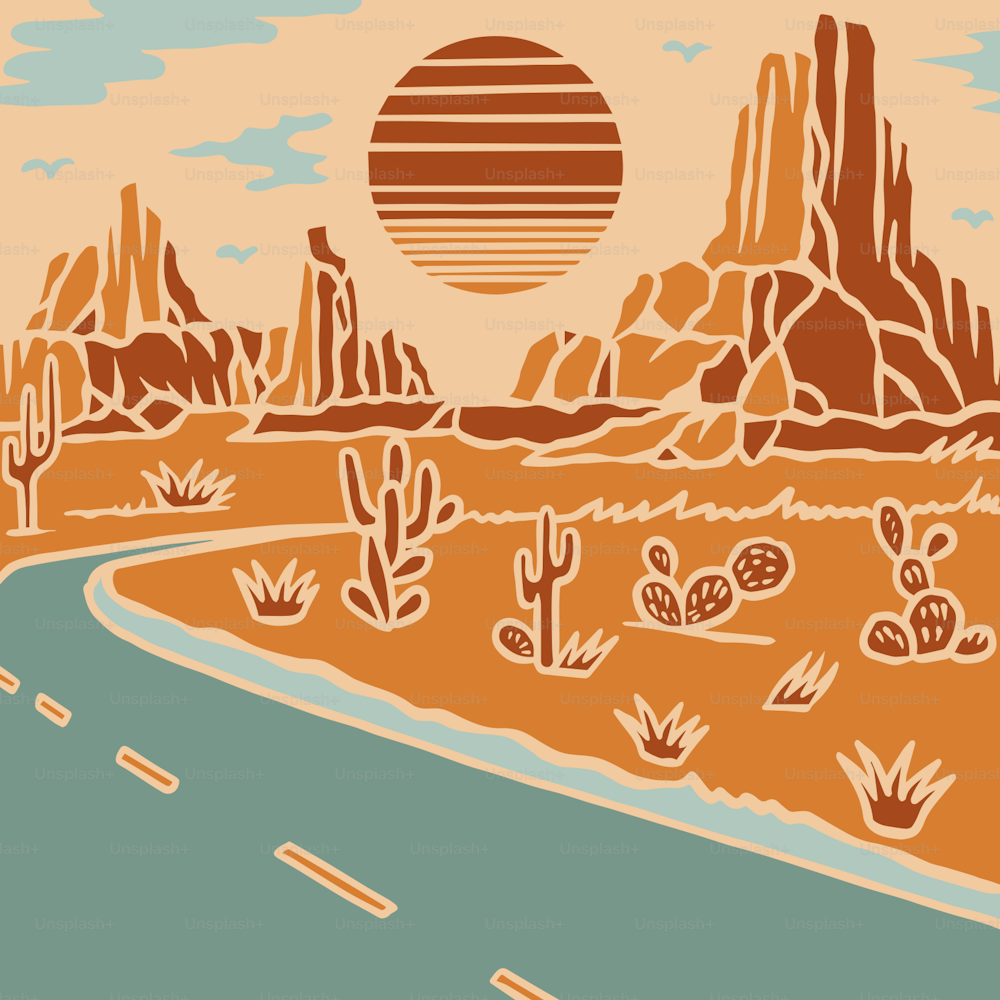 太陽を背景にした砂漠の風景を描いた絵