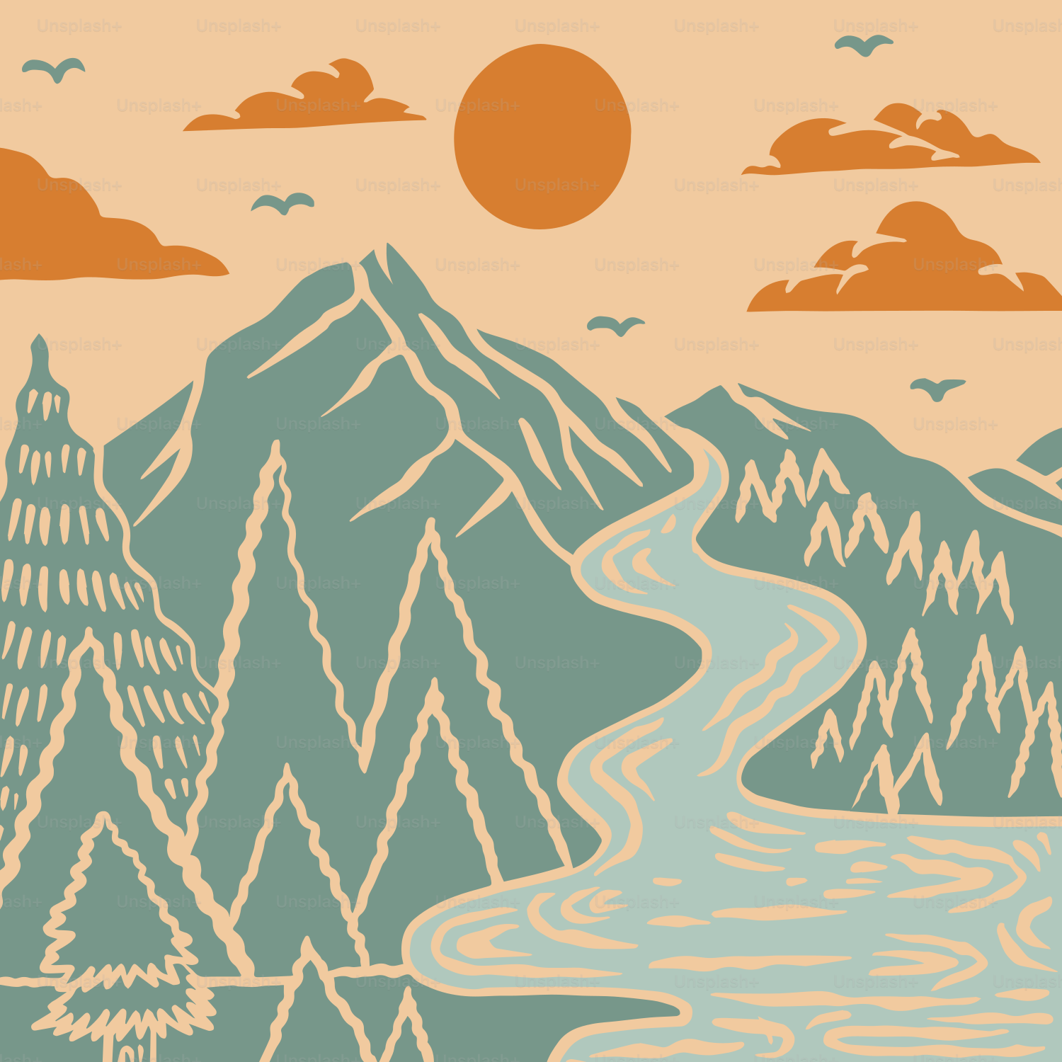 eine Bergszene, durch die ein Fluss fließt