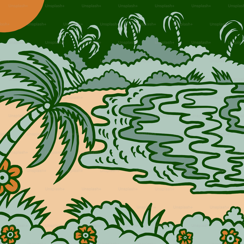 eine Zeichnung eines Strandes mit einer Palme