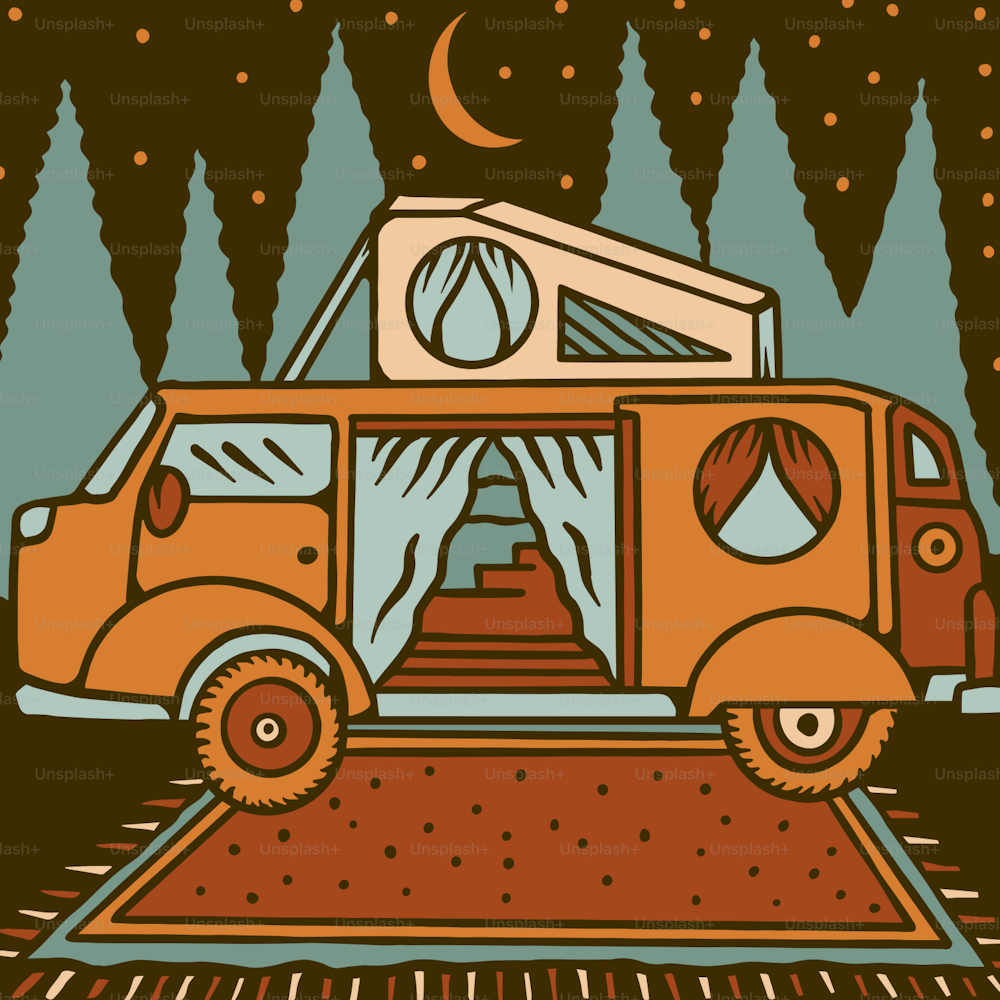 a drawing of a bus with a tent on top of it