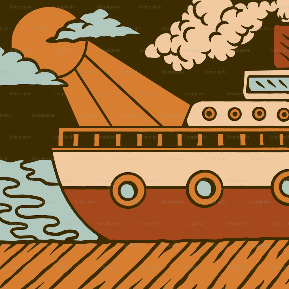 um desenho de um barco com vapor saindo dele