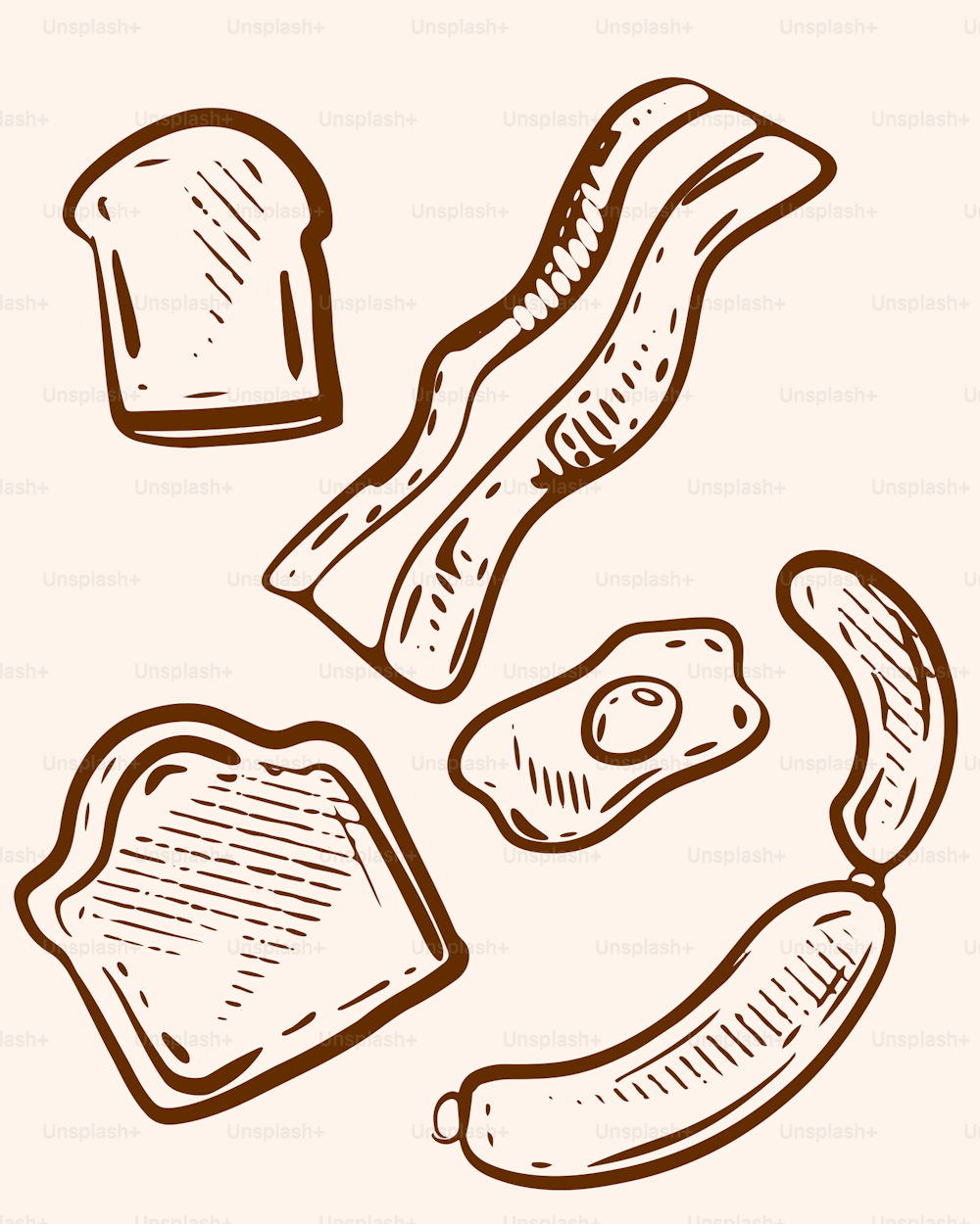 Un dibujo de una tostada, tocino y pan