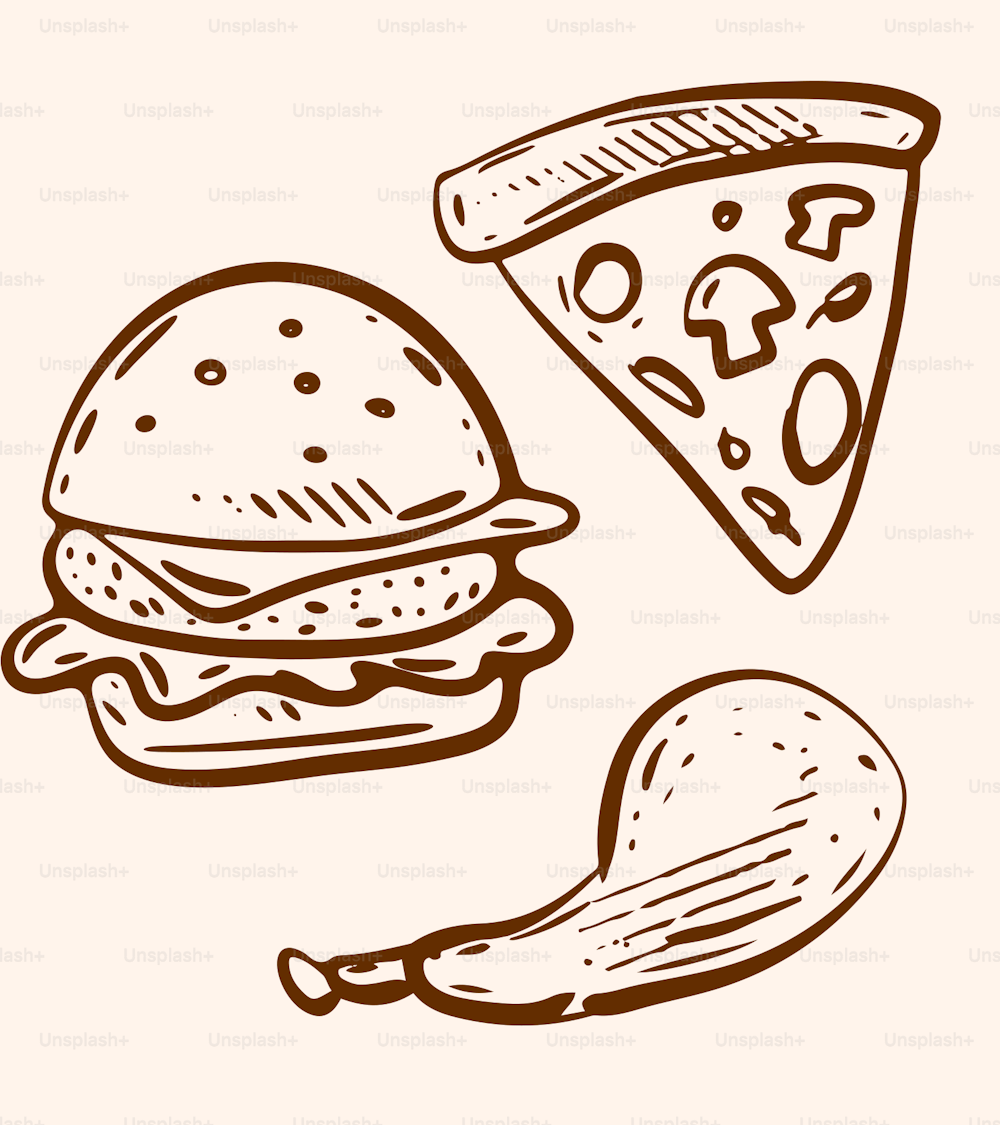 eine Zeichnung eines Sandwiches und eines Stücks Pizza