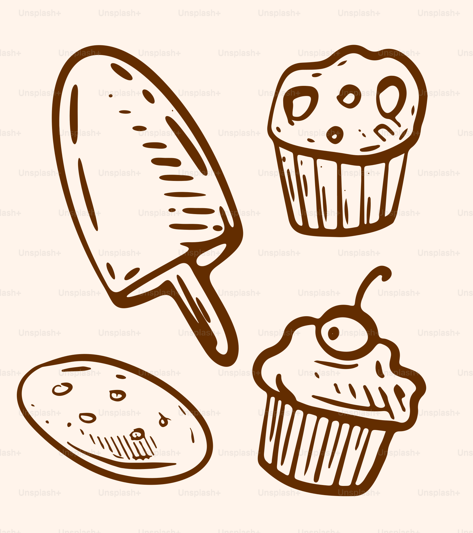 a drawing of cupcakes and a scoop of ice cream
