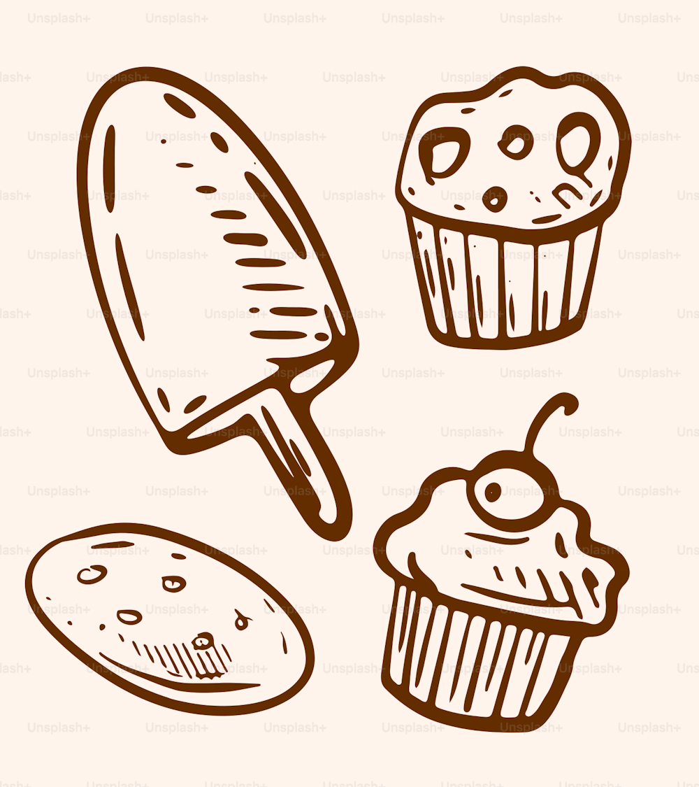 a drawing of cupcakes and a scoop of ice cream