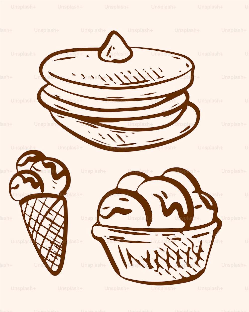 un dessin d’un bol de crème glacée et d’un bol de biscuits