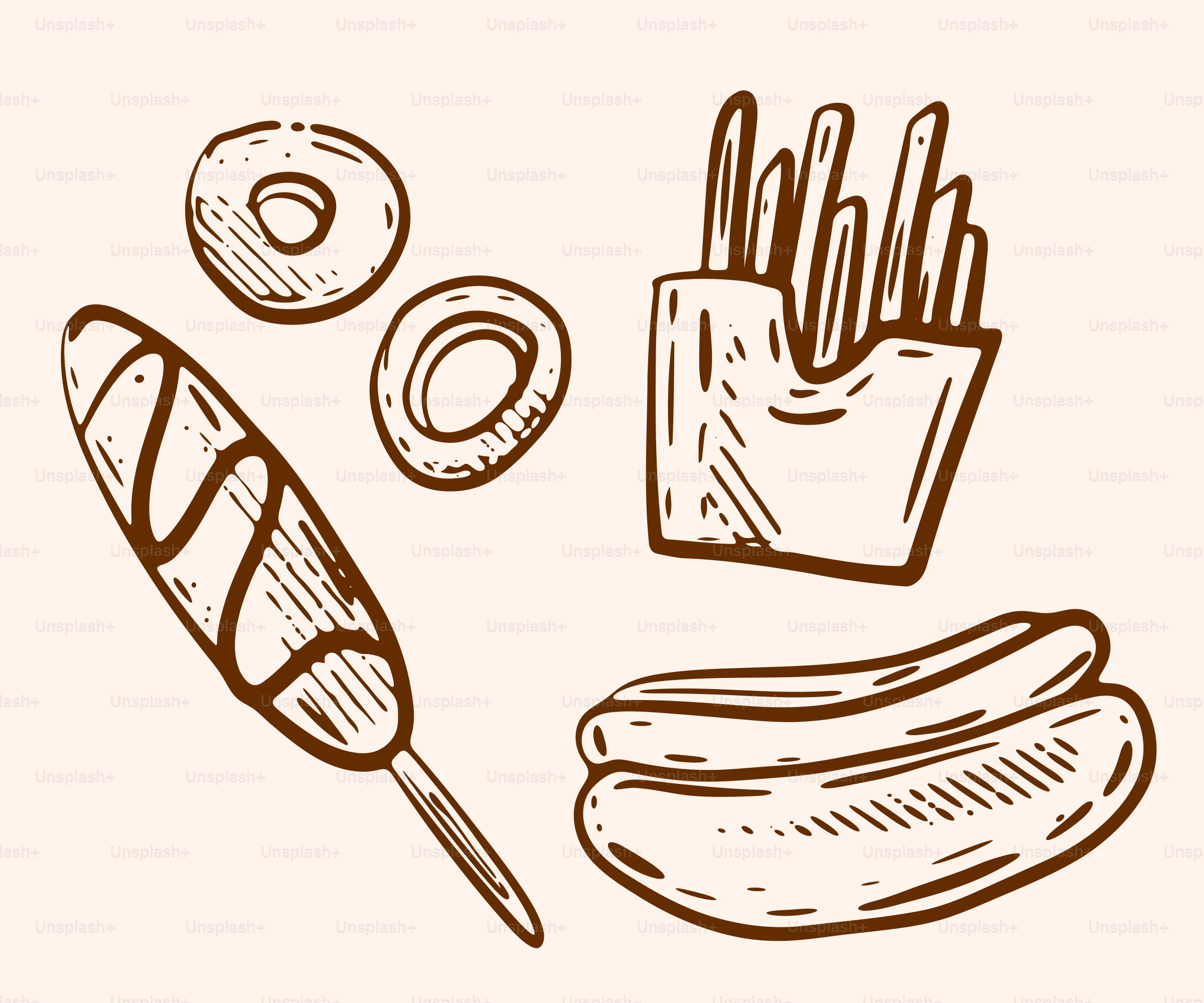 a black and white drawing of french fries and a hot dog