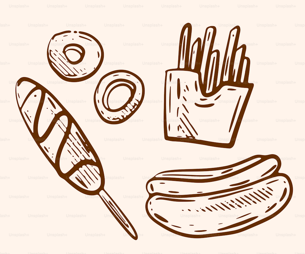 a black and white drawing of french fries and a hot dog