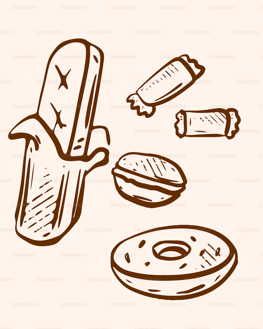 a black and white drawing of a sandwich and a knife