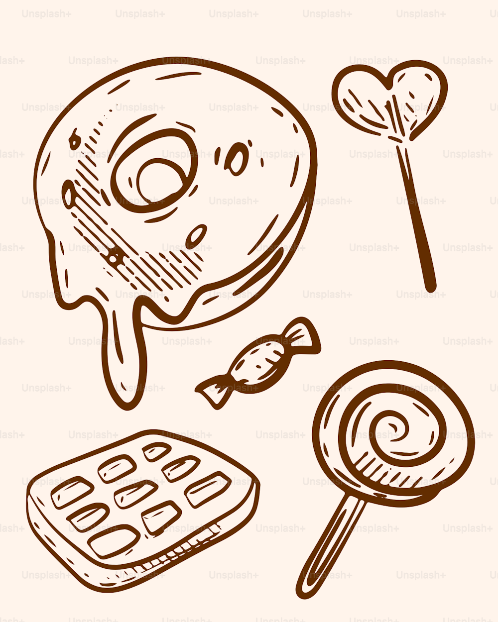 a drawing of a waffle, a spoon and a lollipop