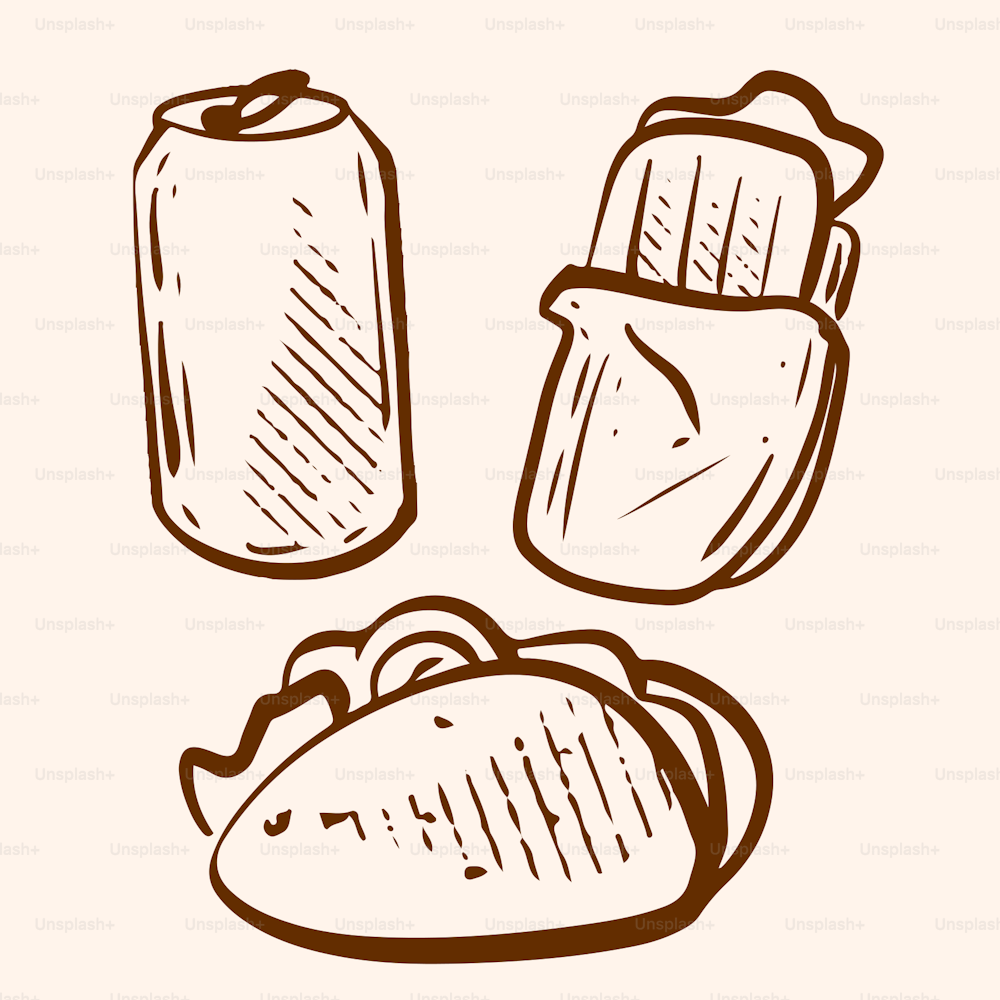 a drawing of a hot dog and a can of soda