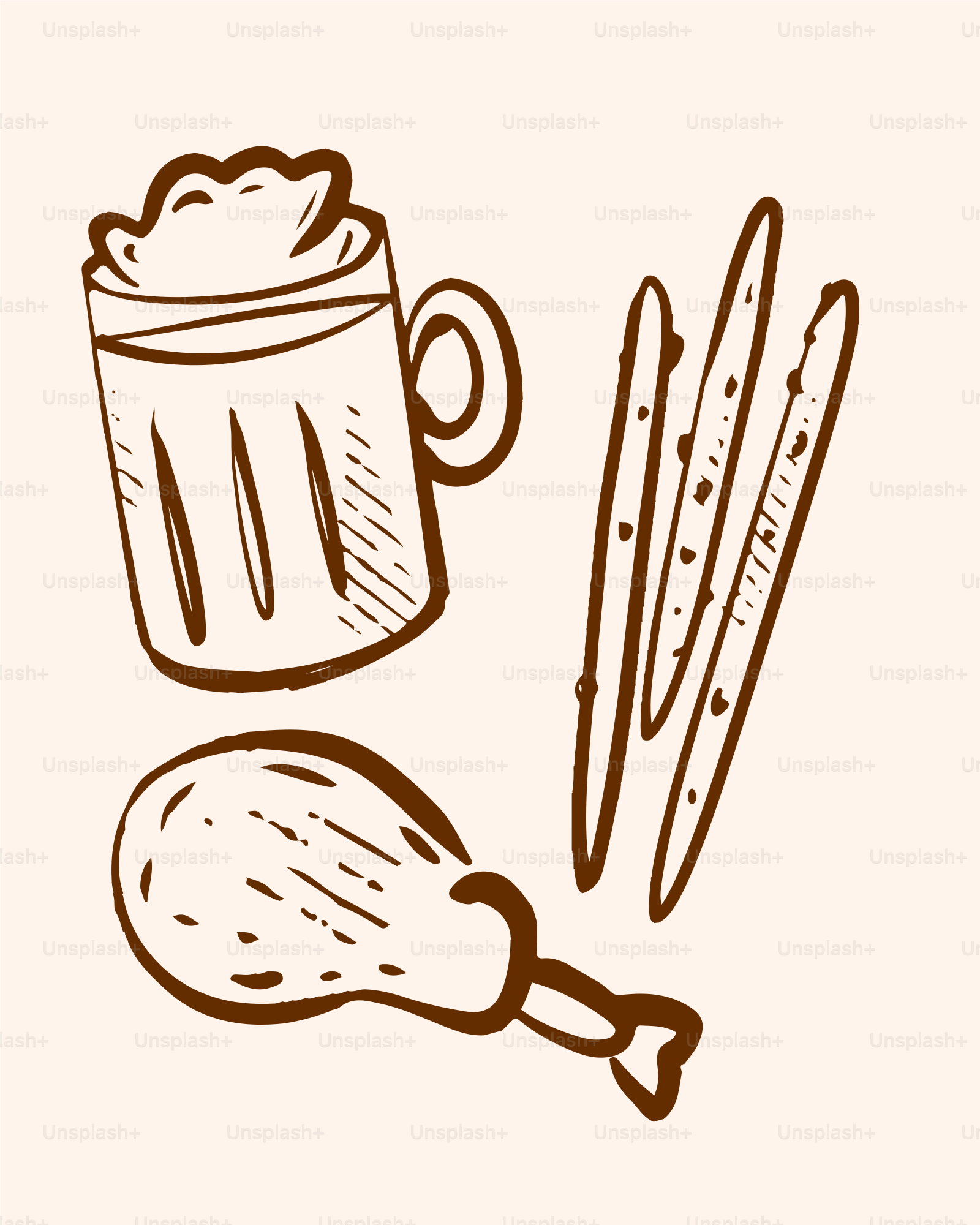 a drawing of bread and a mug of coffee