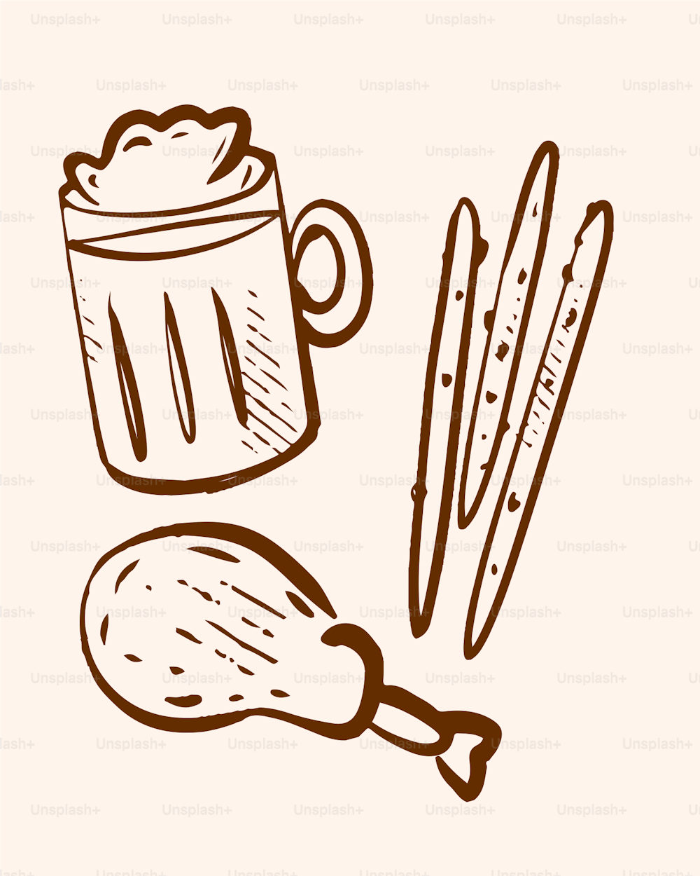 un dibujo de pan y una taza de café