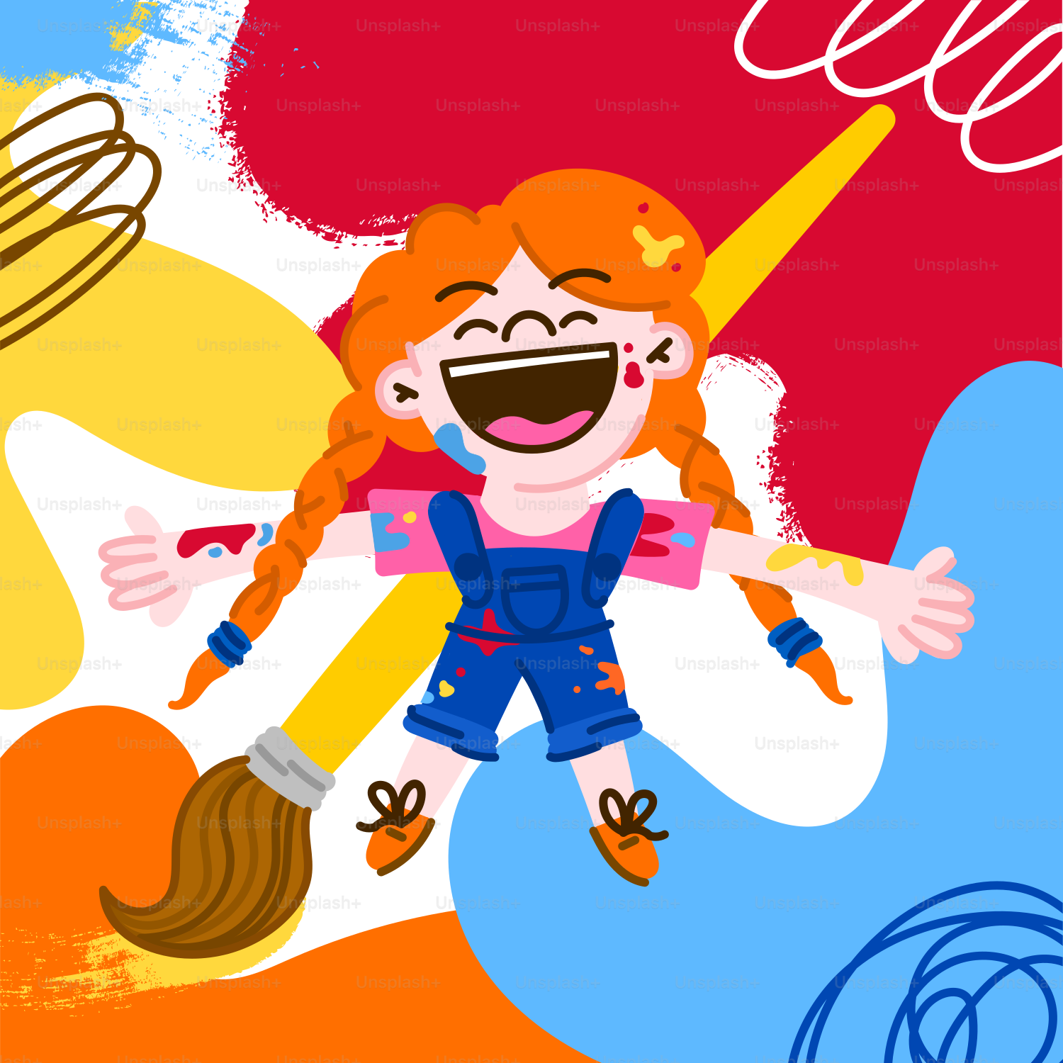 a drawing of a girl with red hair and blue overalls