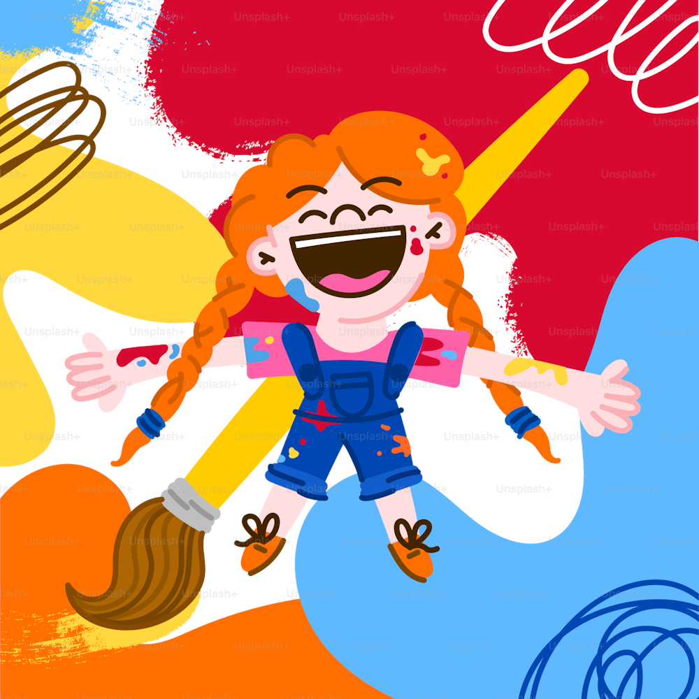 eine Zeichnung eines Mädchens mit roten Haaren und blauem Overall