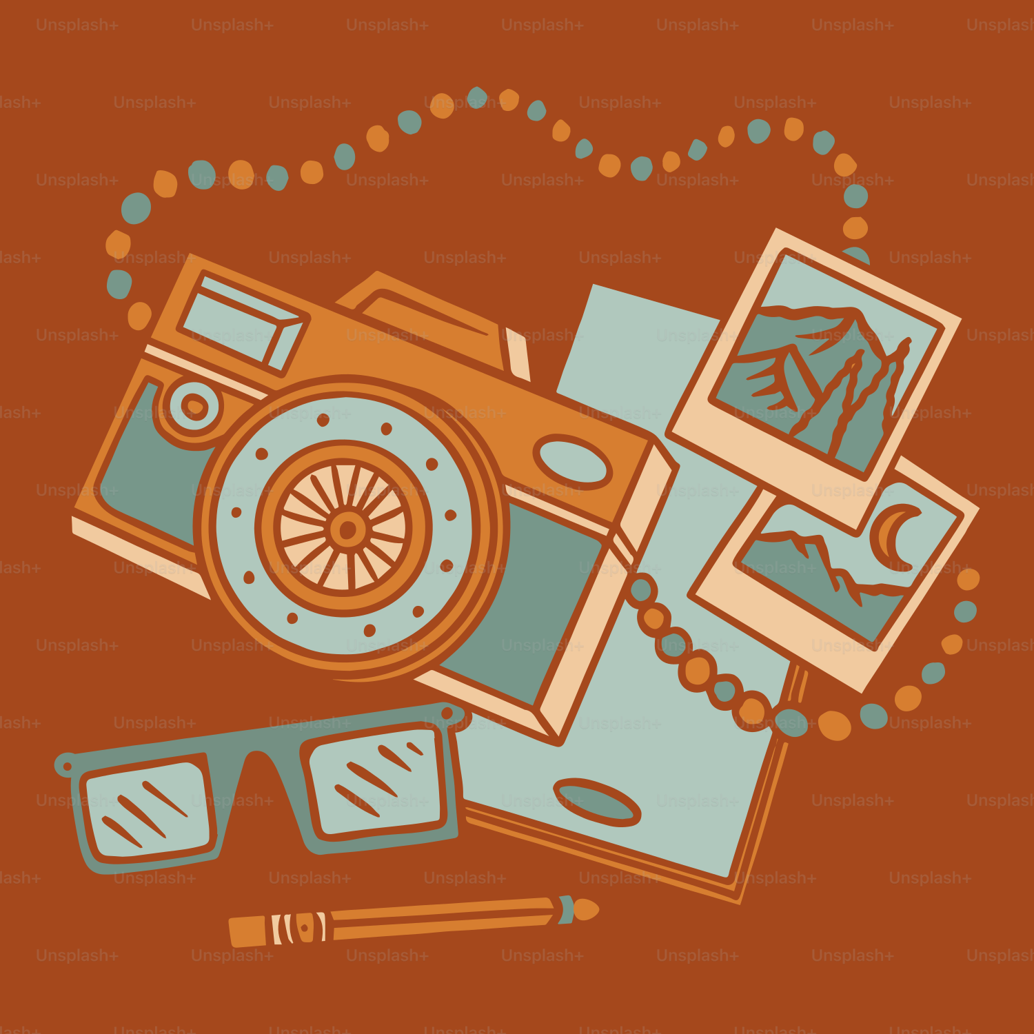 Eine Kamera und einige Bilder auf braunem Hintergrund